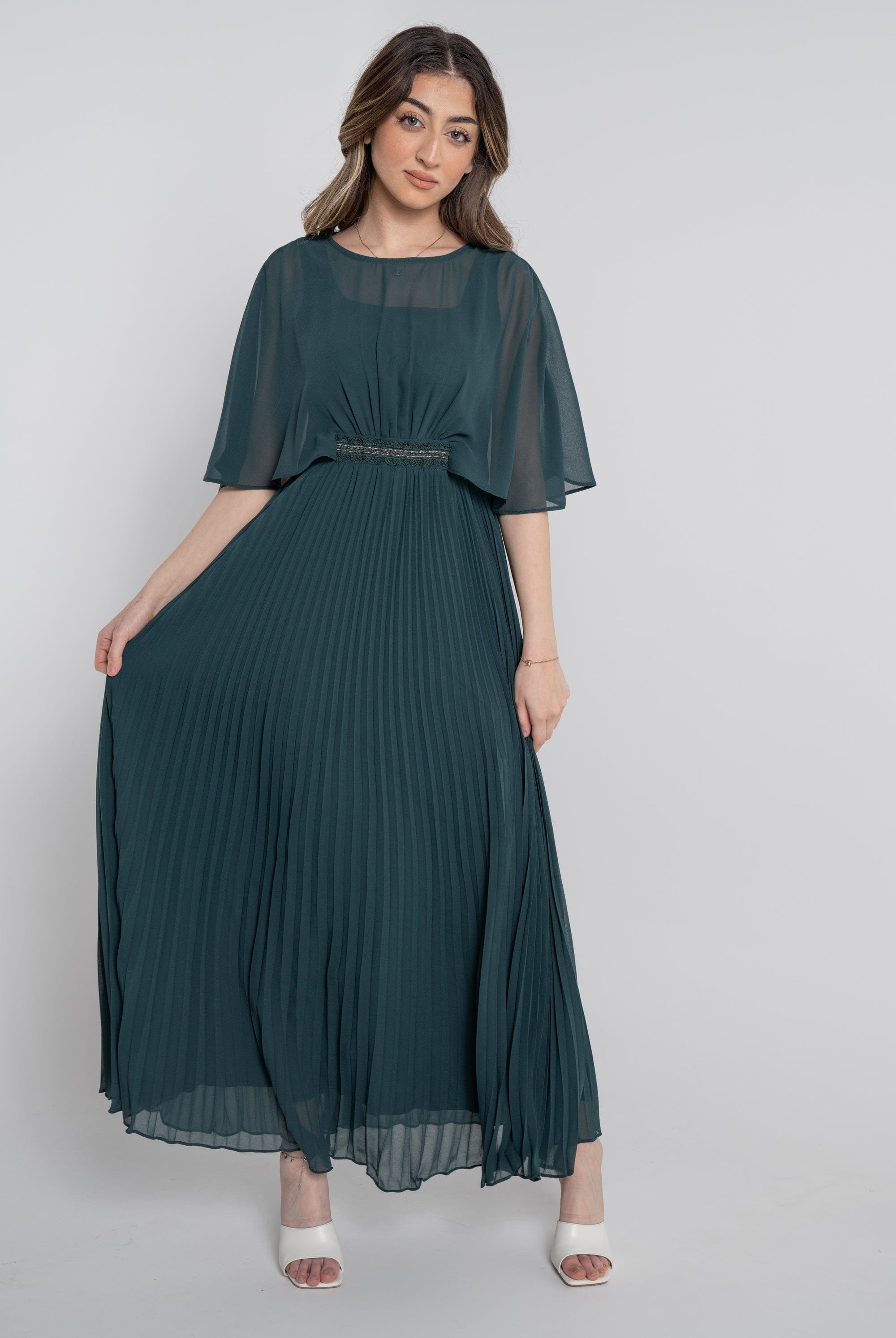 نتشي فستان طويل سادة بليسية مخصر نص كم مفتوح نسائي