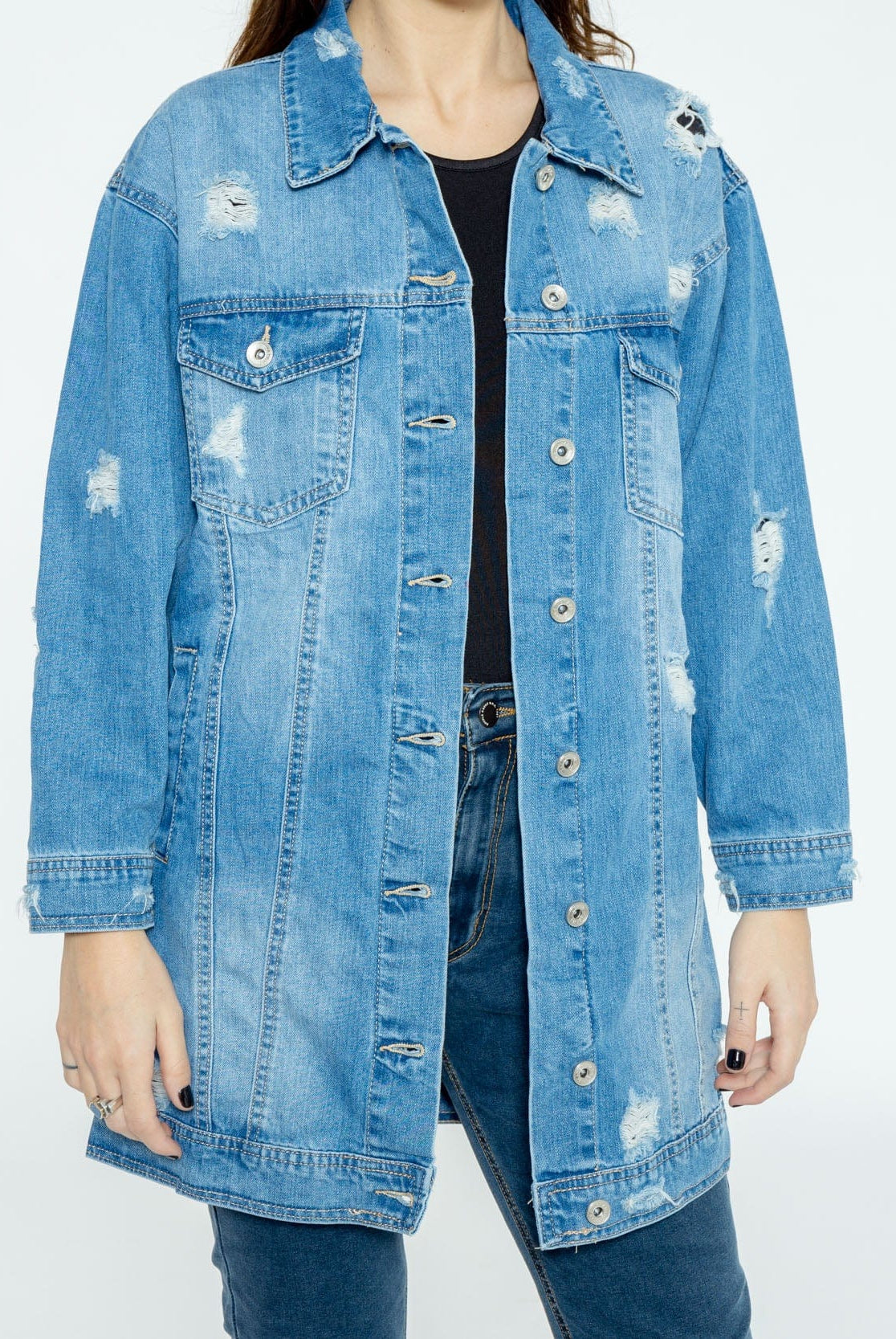 شانا جاكيت جينز بأزرار أمامية طويل كم طويل وردي