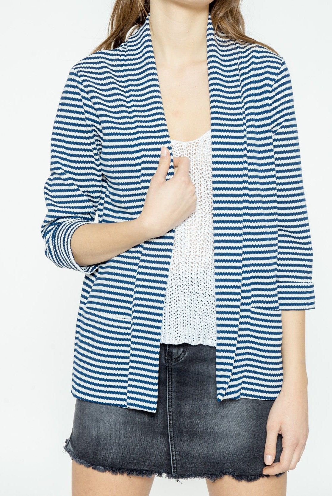 شانا جاكيت مخطط بالعرض 3/4 بأكمام طويلة نسائي أزرق داكن