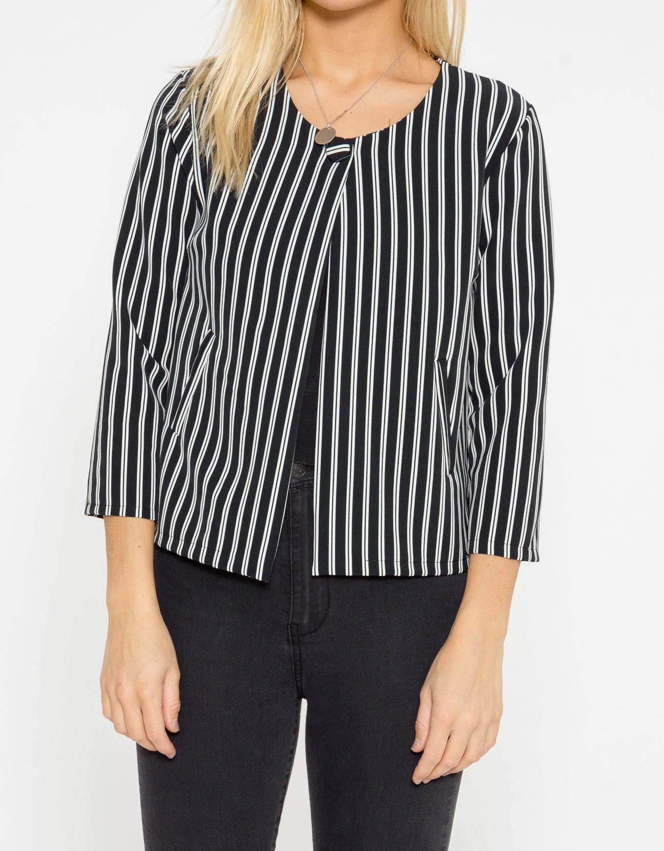 شانا جاكيت مخطط بالطول بأكمام طويلة نسائي أسود