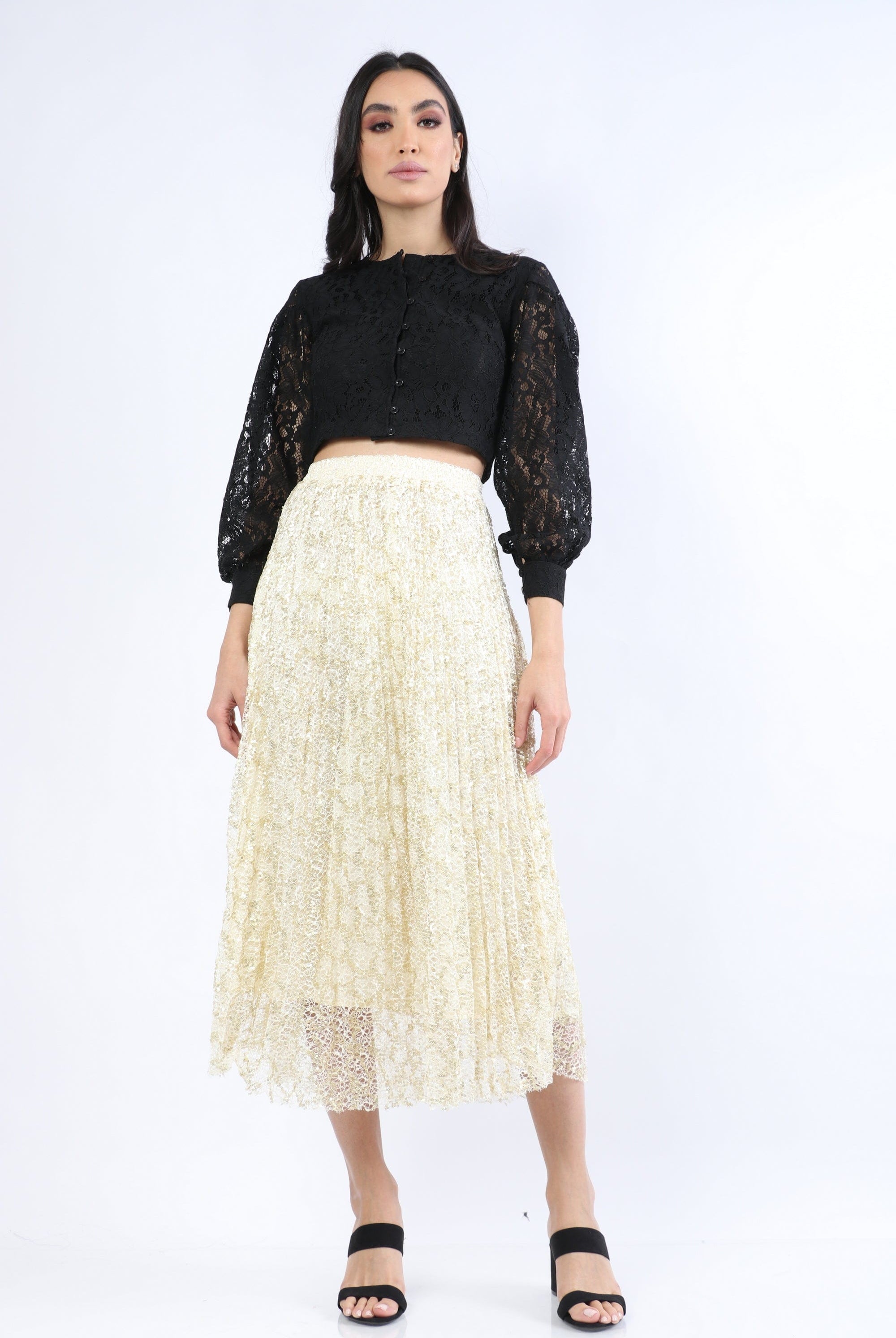 نتشي تنورة ميدي دانتيل منقوشة مبطنة