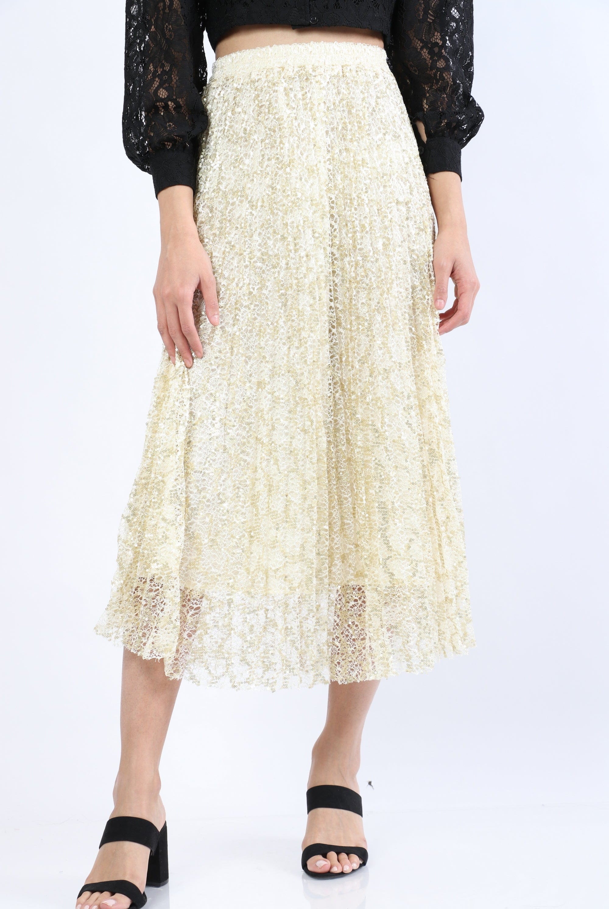 نتشي تنورة ميدي دانتيل منقوشة مبطنة