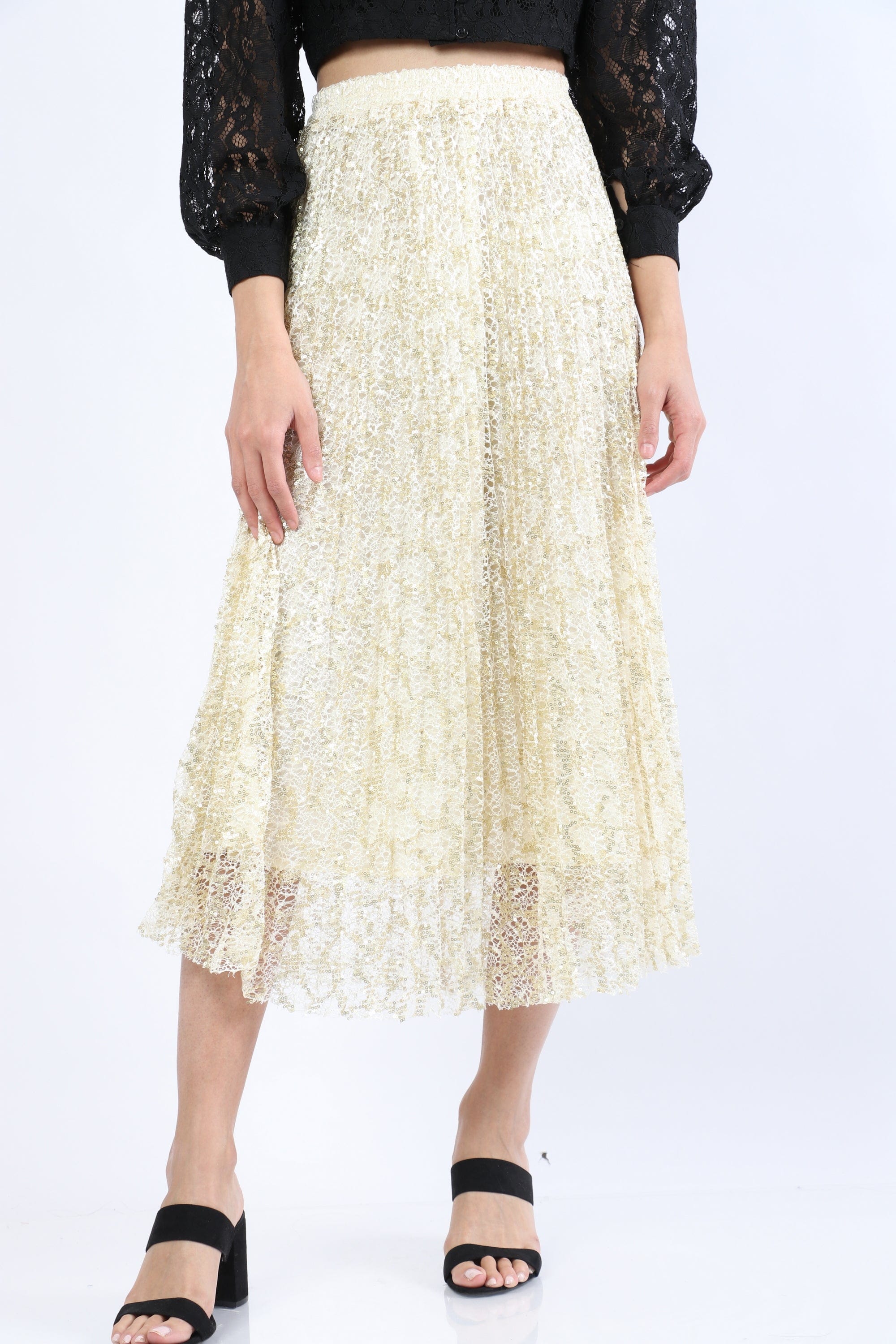 نتشي تنورة ميدي دانتيل منقوشة مبطنة