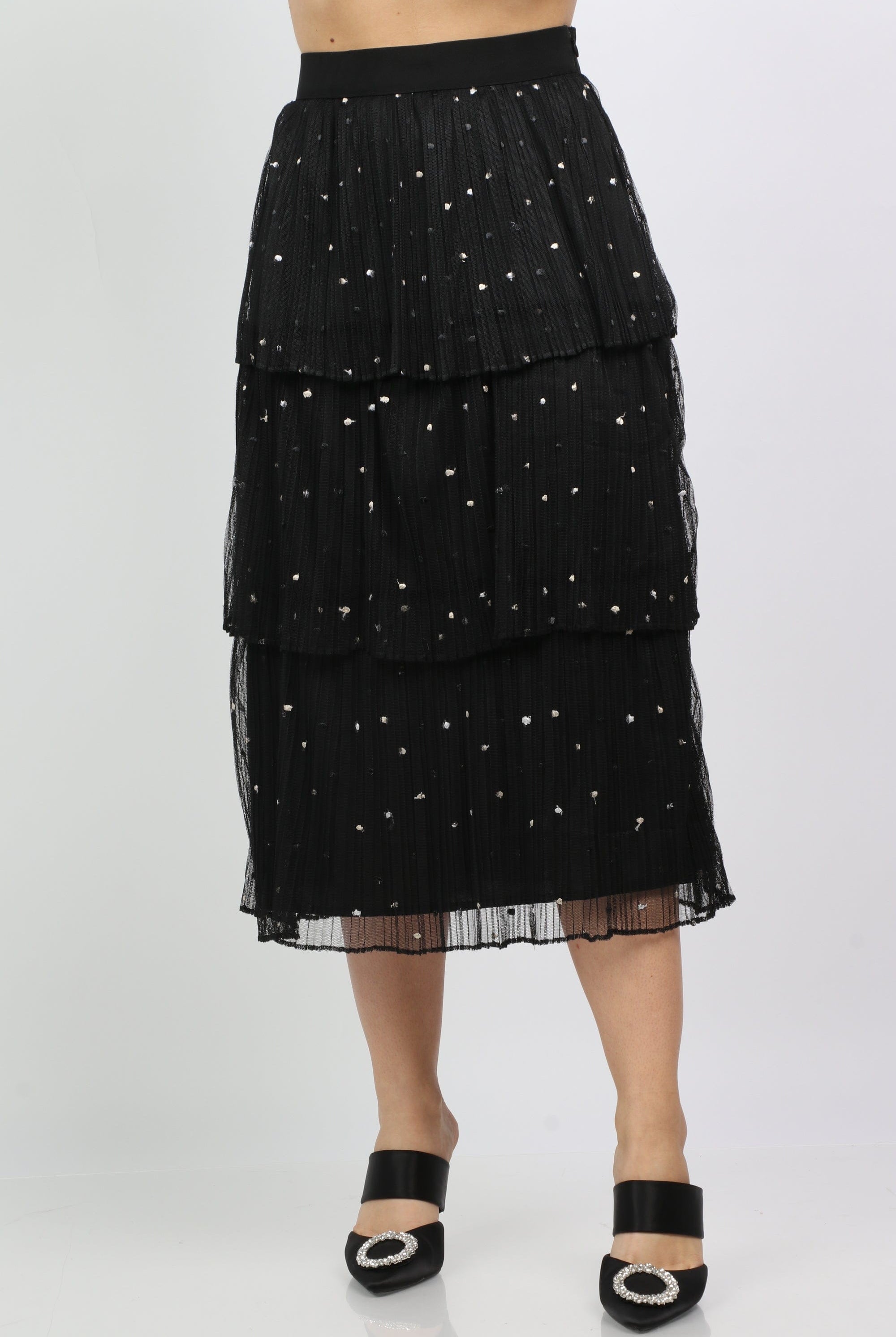 نتشي تنورة ميدي تل طبقات سوارية بخصر عريض بسحاب جانبي