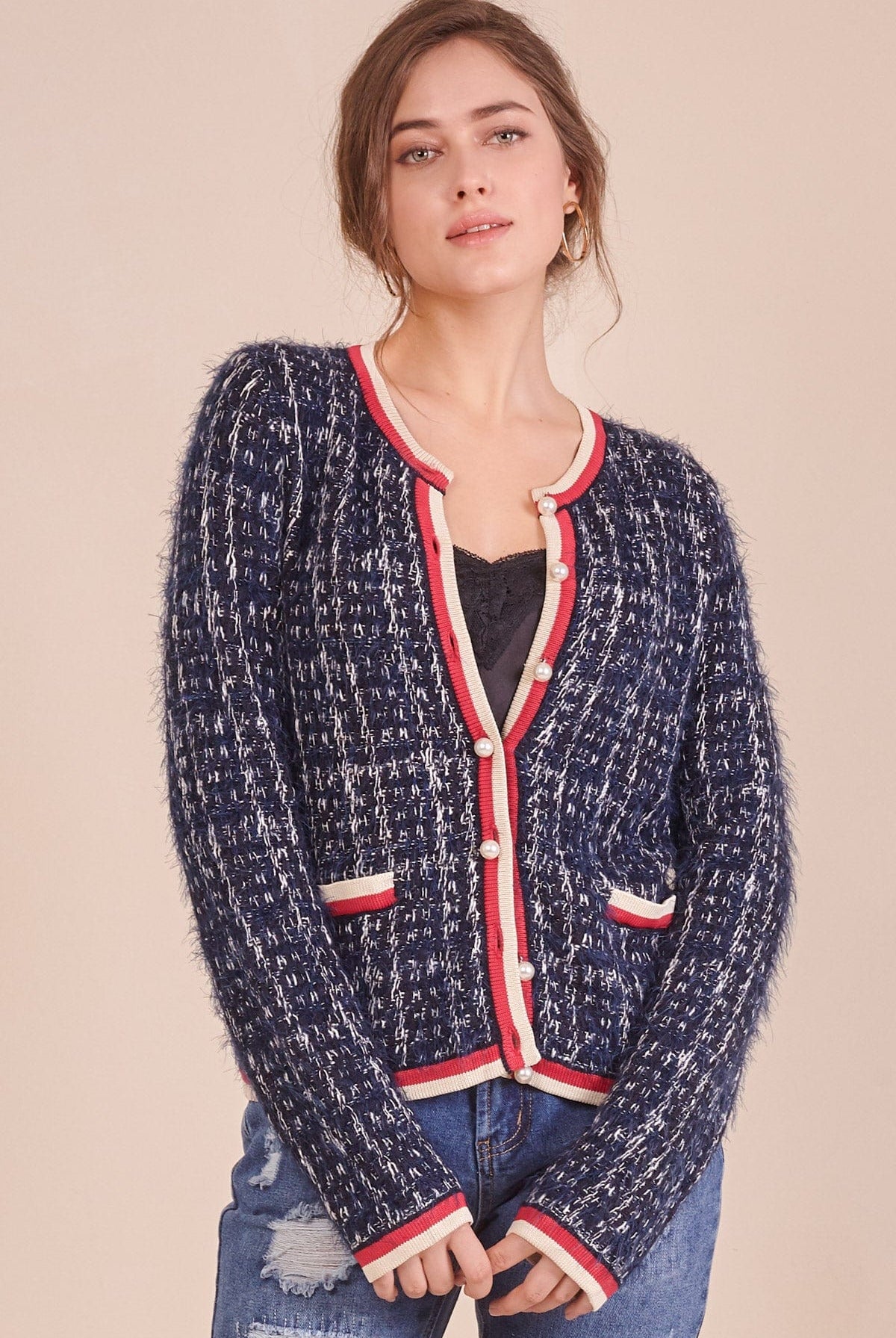 دريسنج بولا بلوزة منقوشة خيوط بأزرار وجيوب أمامية بأكمام طويلة أزرق