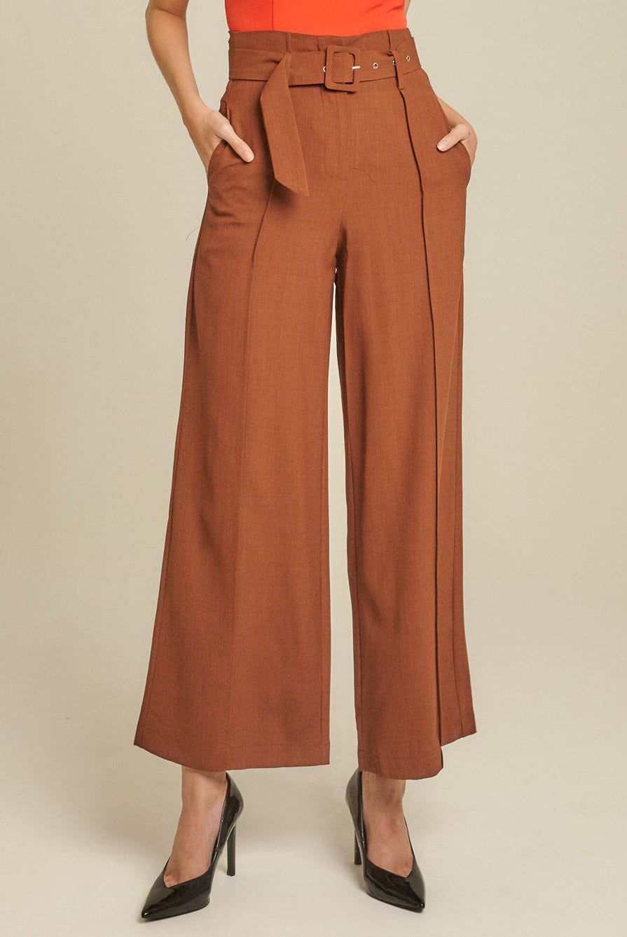 دريسنج بولا بنطلون طويل سادة وايد ليج خصر مرتفع بحزام على الخصر بني