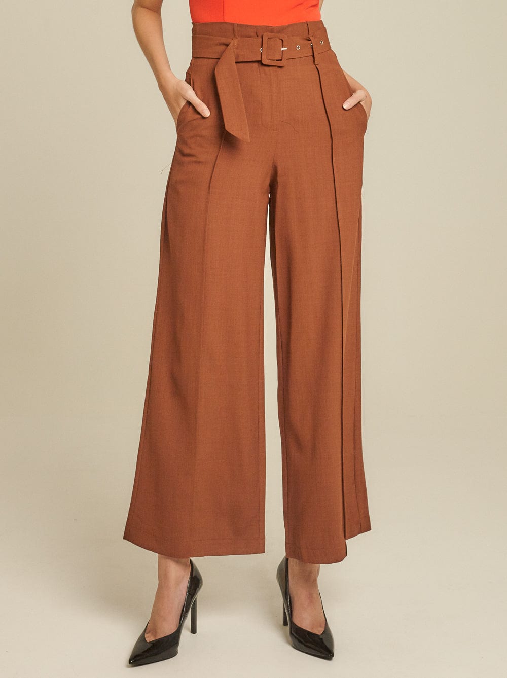 دريسنج بولا بنطلون طويل سادة وايد ليج خصر مرتفع بحزام على الخصر بني