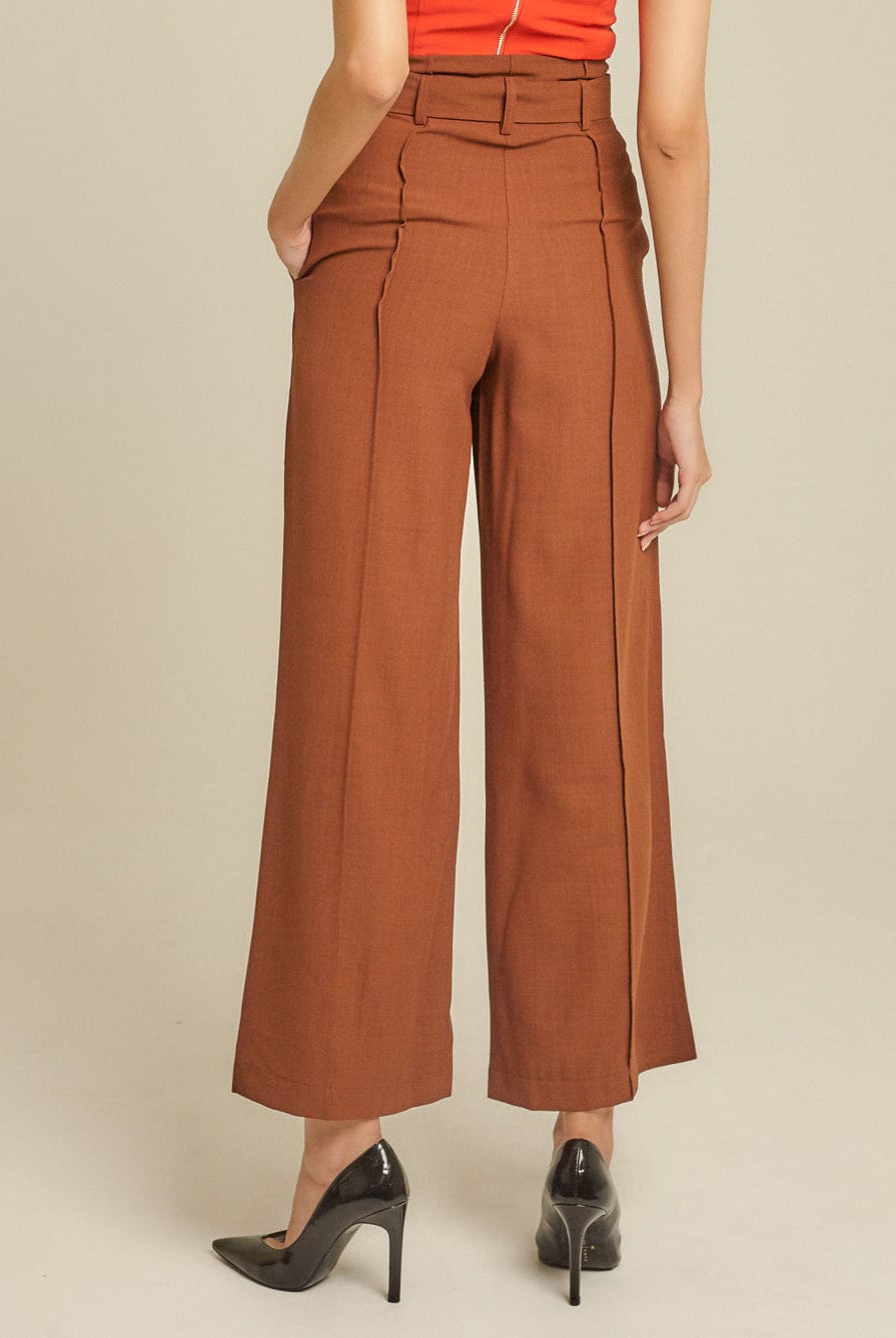 دريسنج بولا بنطلون طويل سادة وايد ليج خصر مرتفع بحزام على الخصر بني