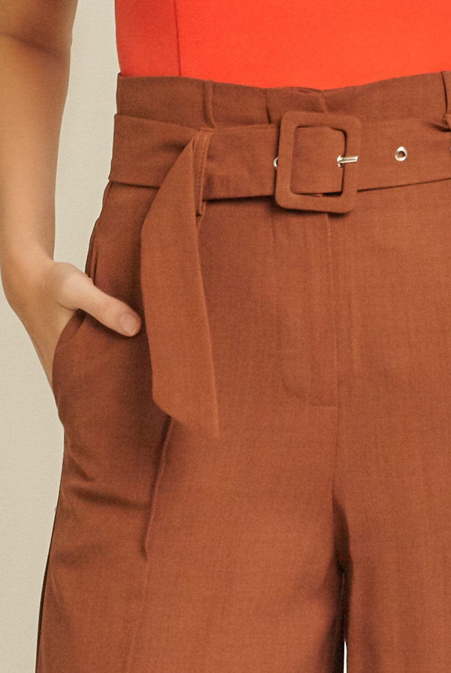 دريسنج بولا بنطلون طويل سادة وايد ليج خصر مرتفع بحزام على الخصر بني