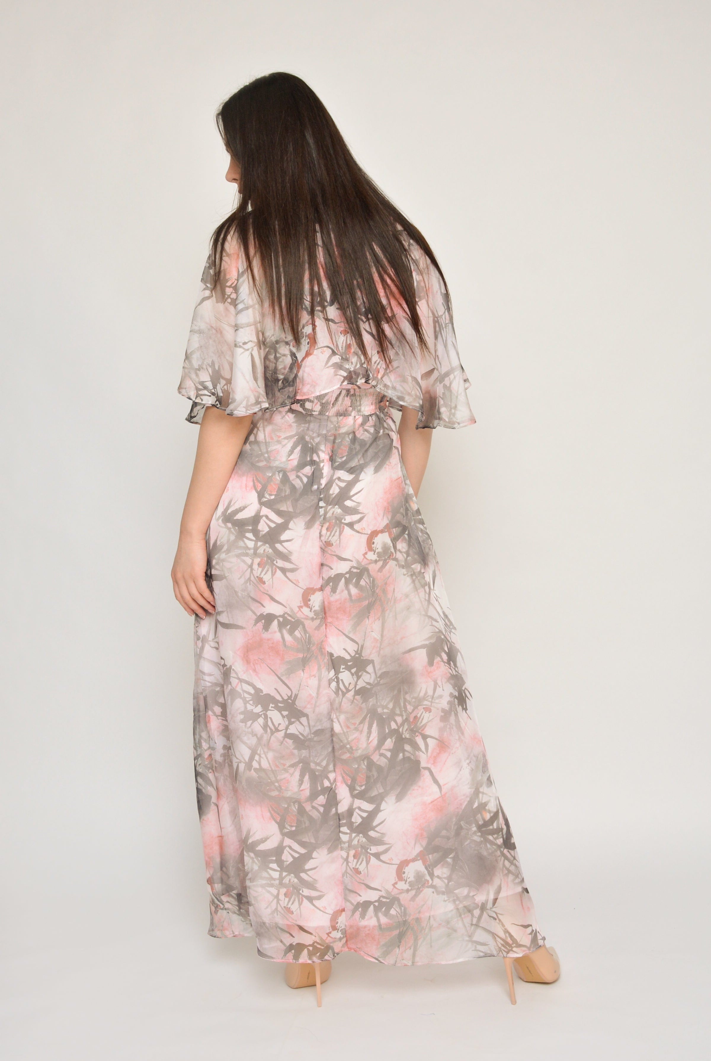 نتشي فستان طويل شيفون مطبوع مخصر كم قصير وردي