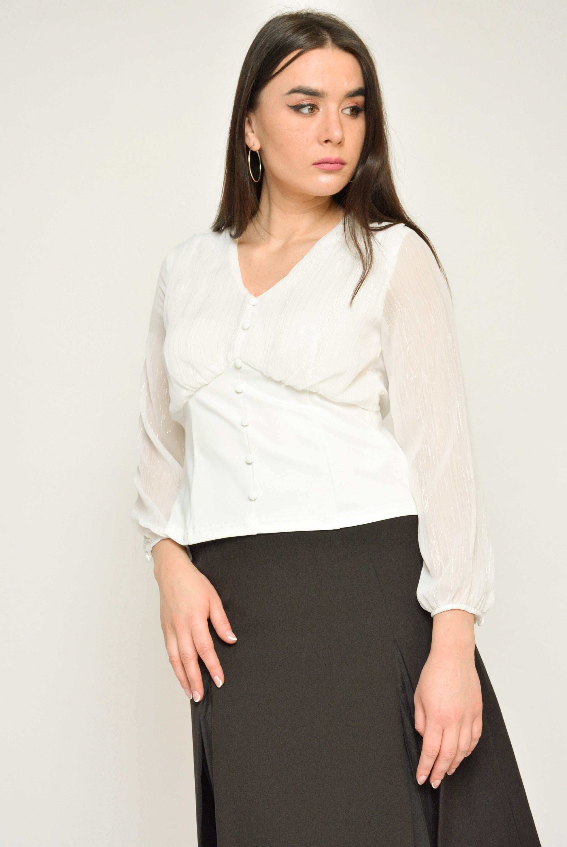 نتشي بلوزة سهرة بأزرار امامية وكم طويل نسائي