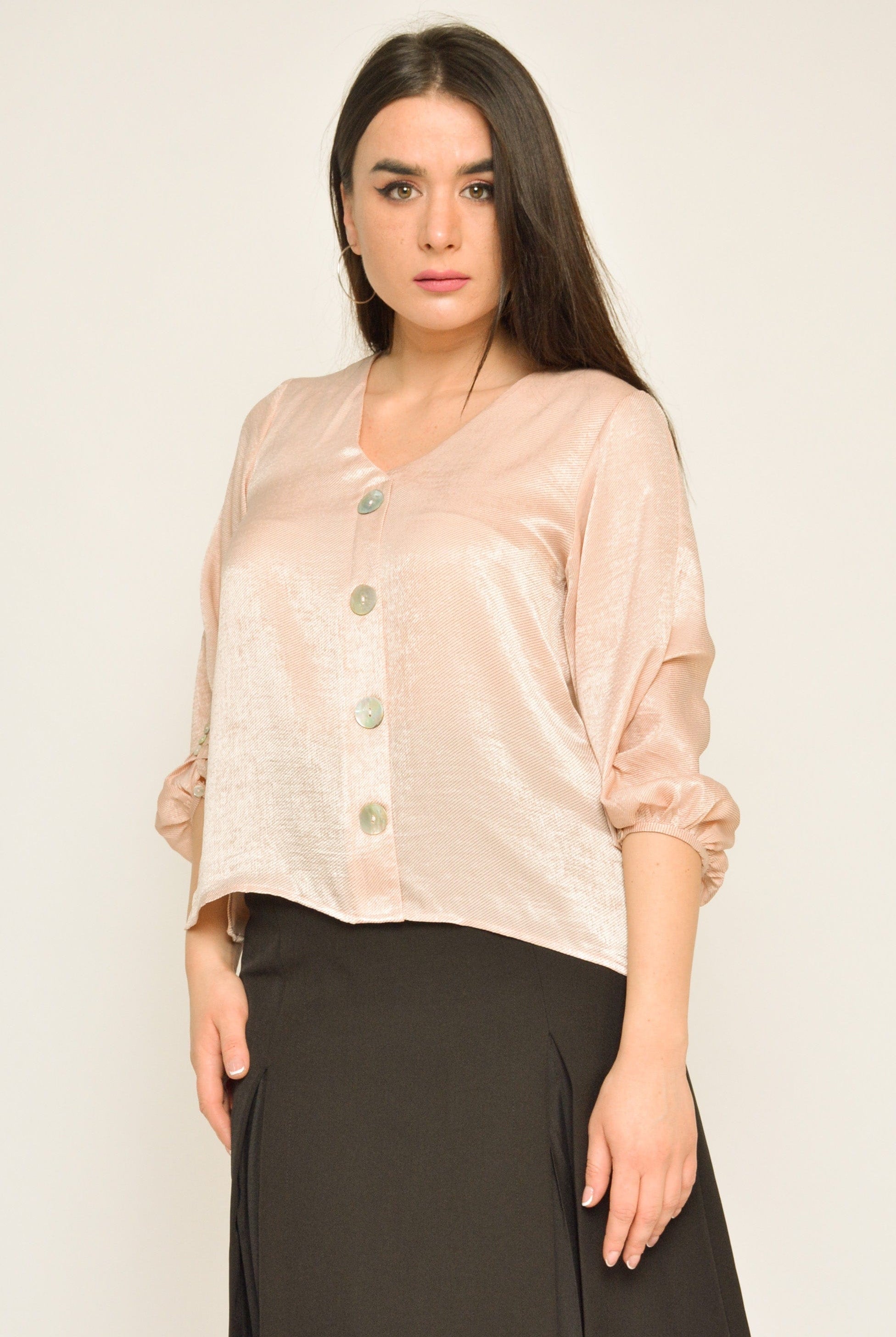 نتشي بلوزة بأزرار أمامية 3/4 كم منفوخ بأزرار نسائي