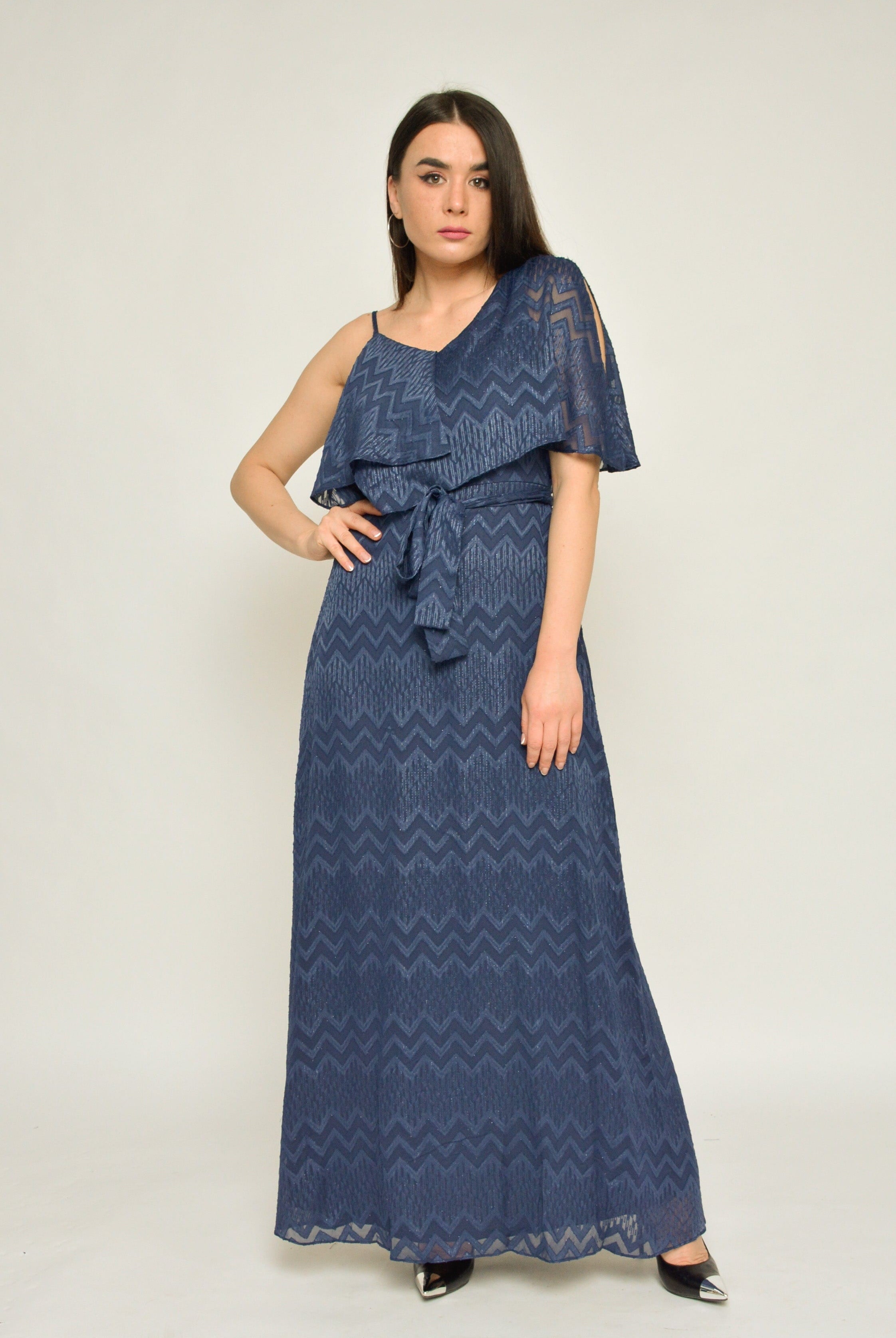 نتشي فستان طويل منقوش كم وكم بحمالة رفيعة كم قصير أزرق داكن