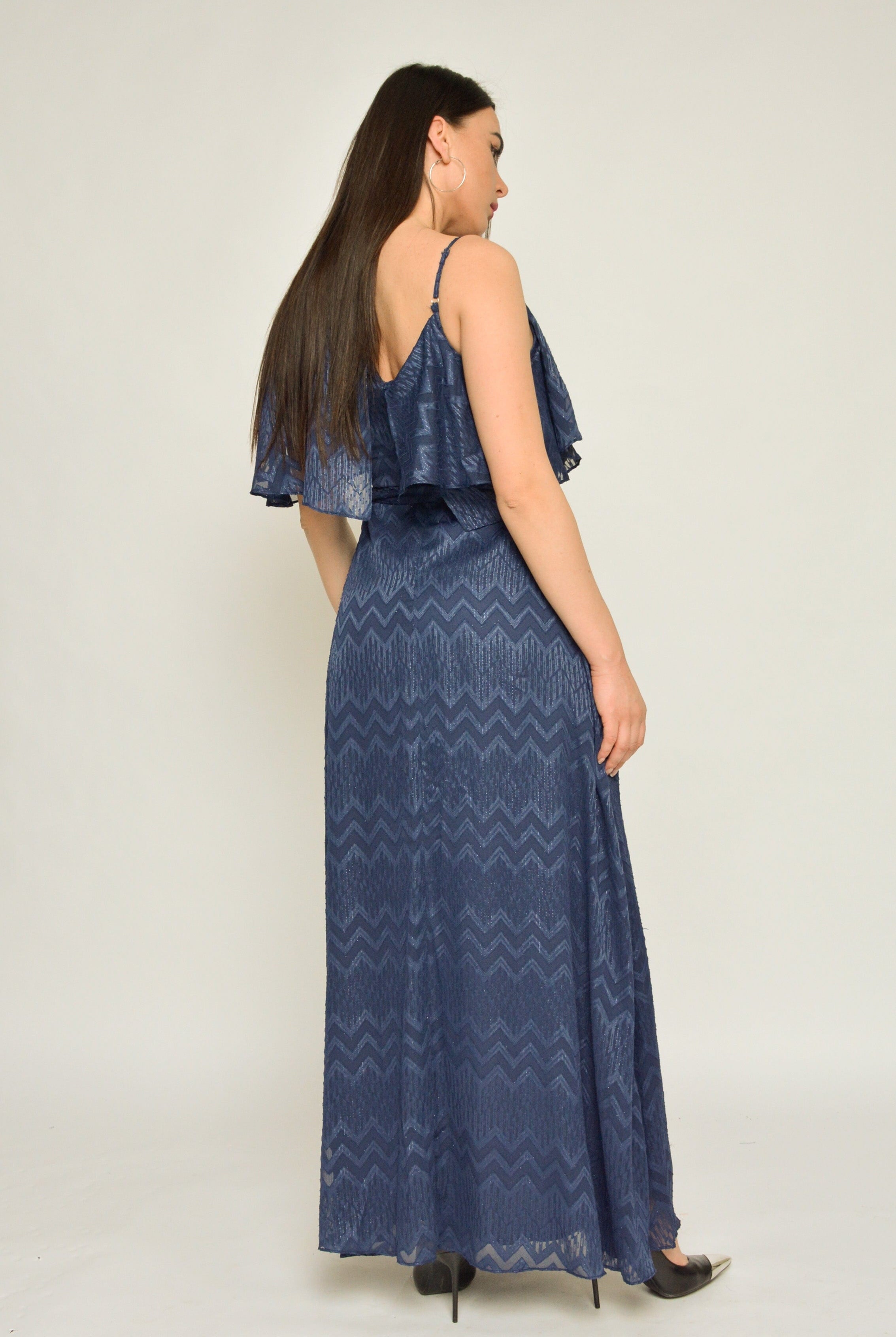 نتشي فستان طويل منقوش كم وكم بحمالة رفيعة كم قصير أزرق داكن