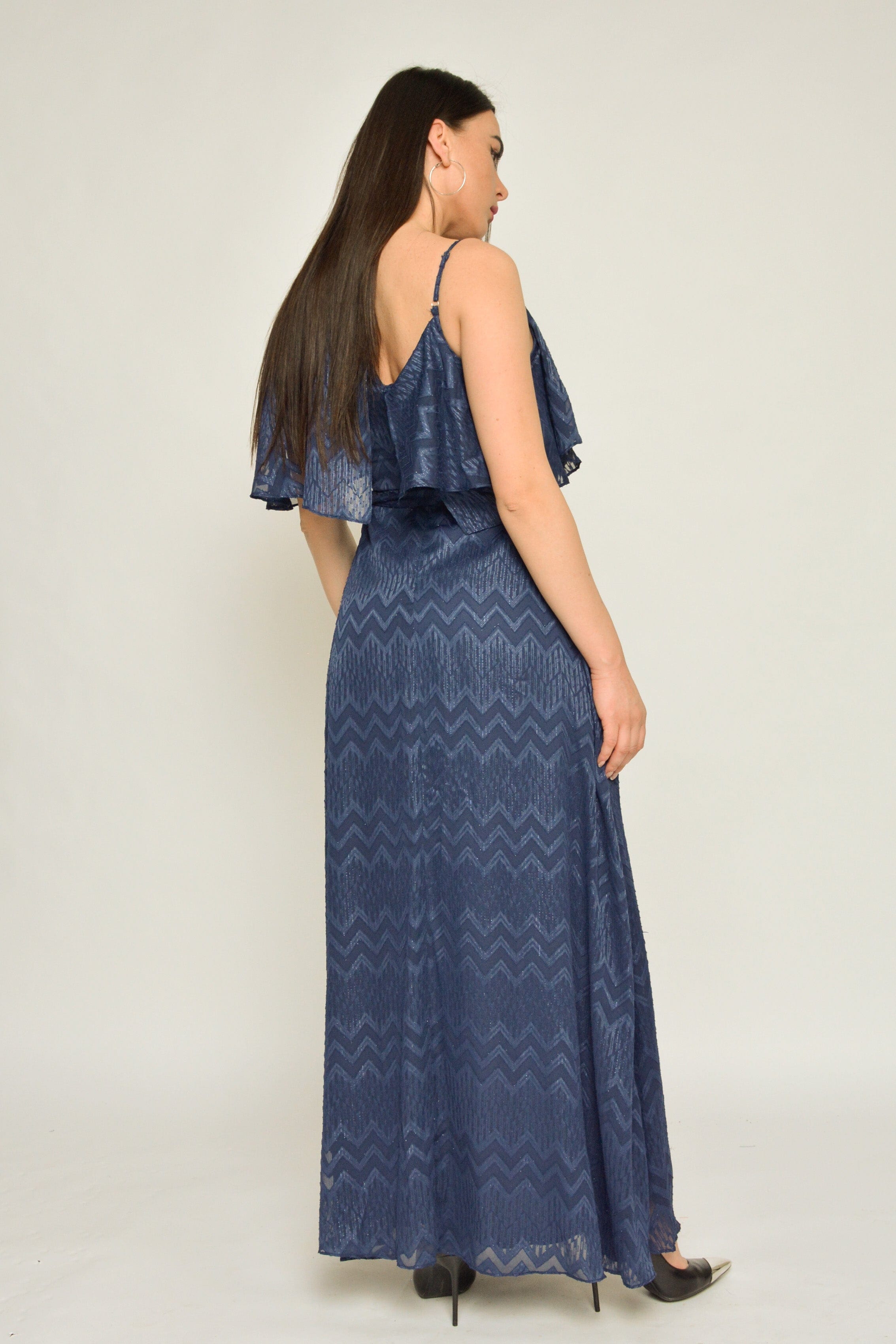 نتشي فستان طويل منقوش كم وكم بحمالة رفيعة كم قصير أزرق داكن