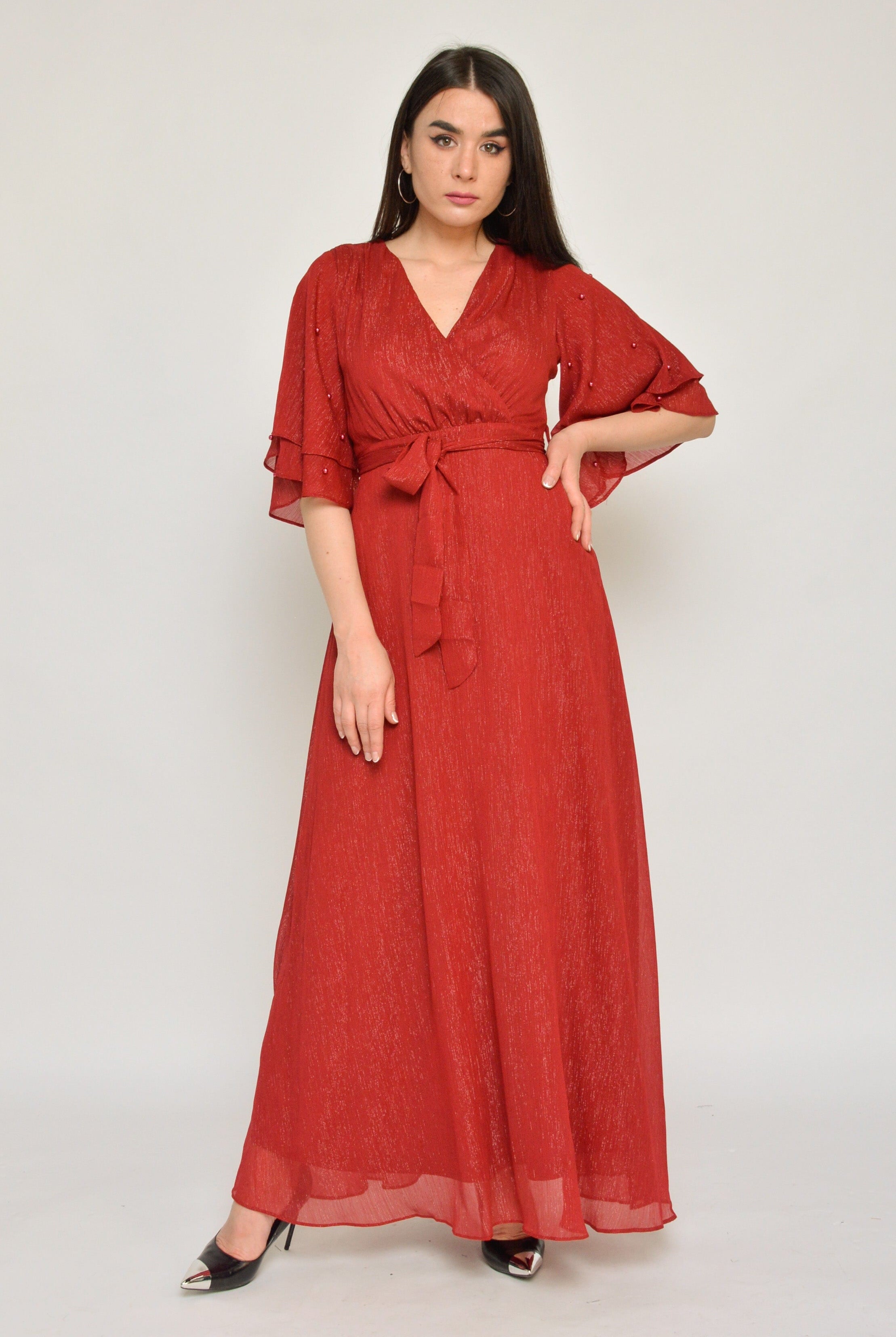 نتشي فستان سهره بحزام فتحة صدر سبعة كم قصير