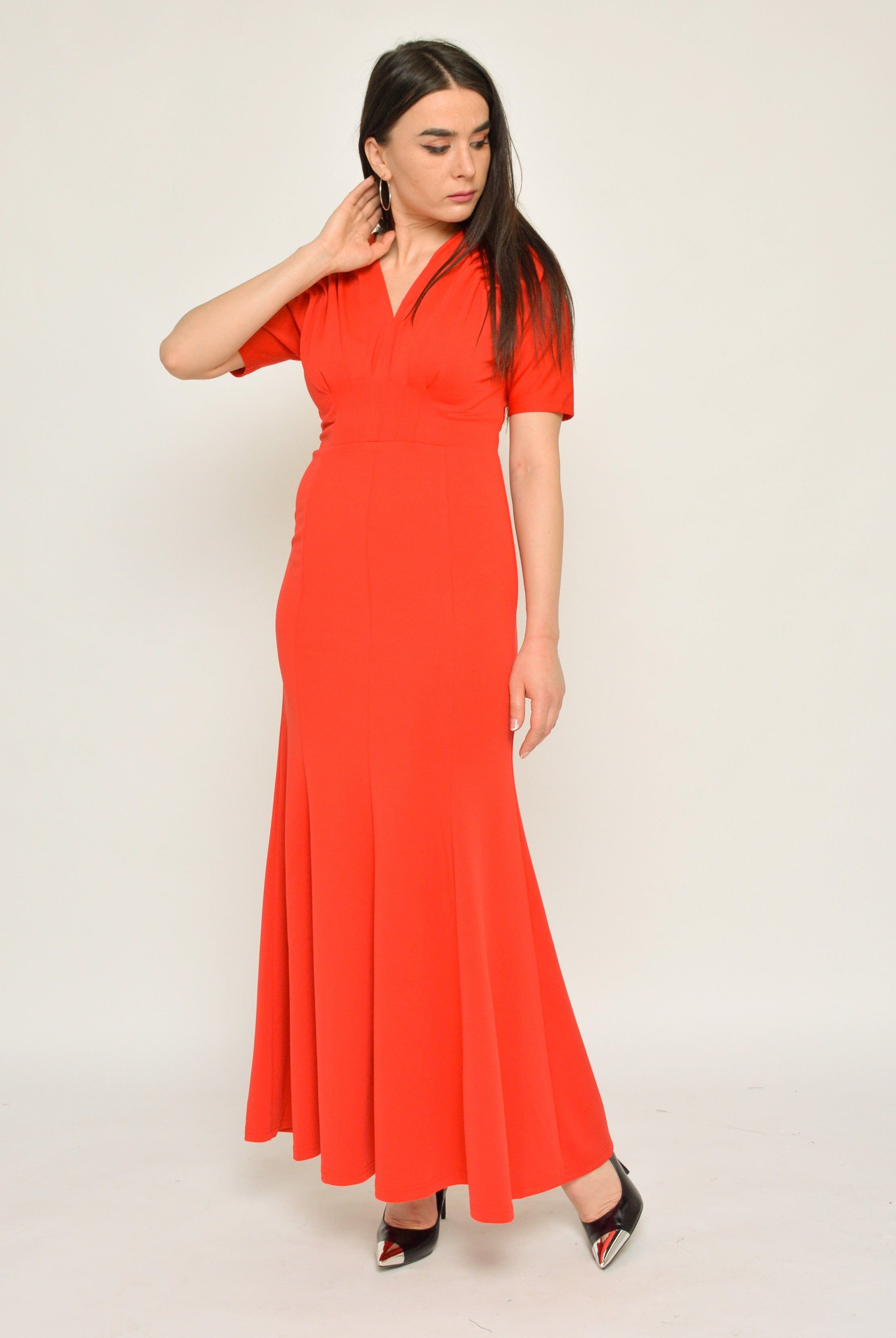 نتشي فستان طويل مجسم سبعة واسع من أسفل كم قصير