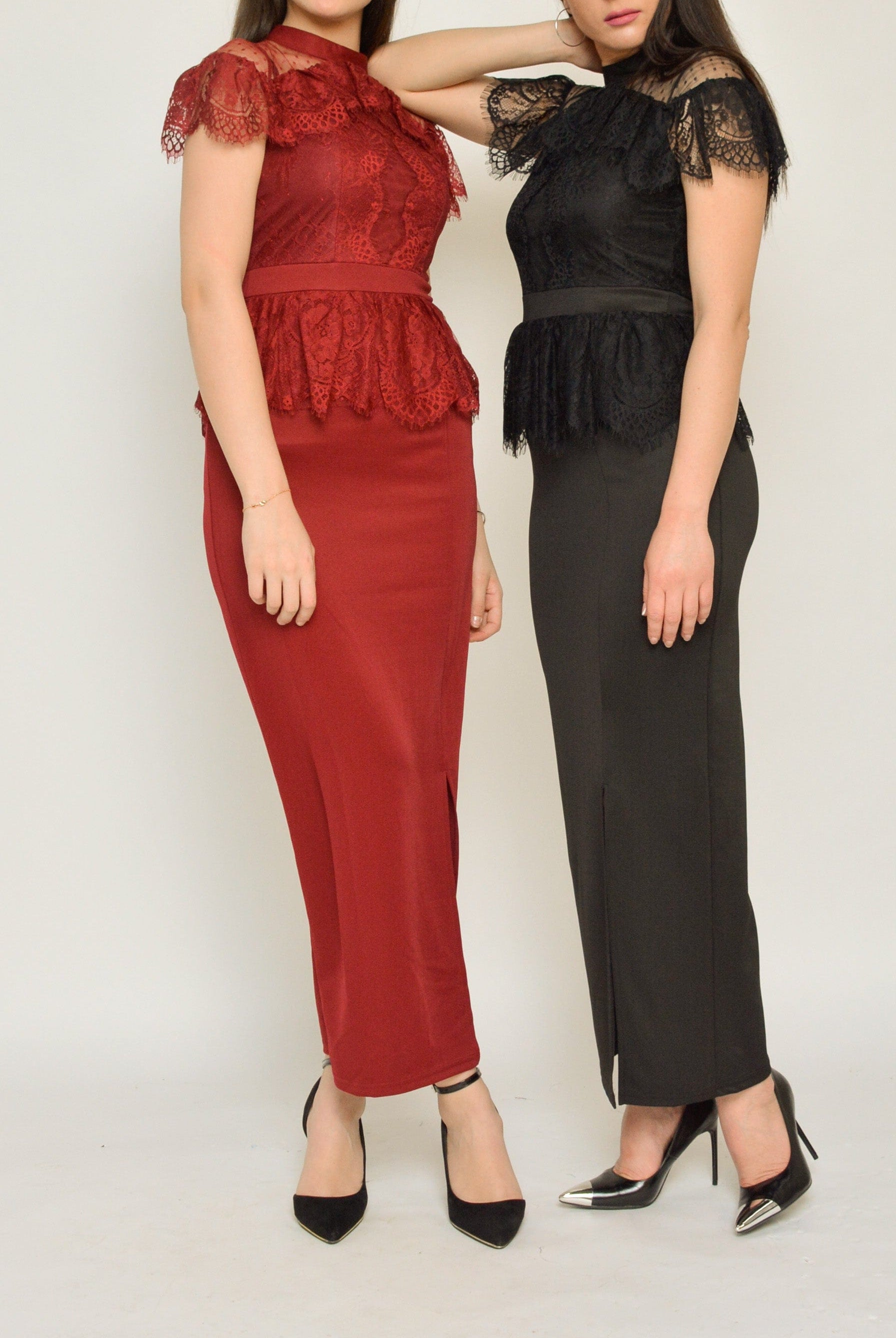 نتشي فستان طويل دانتيل بحزام كم قصير شفاف