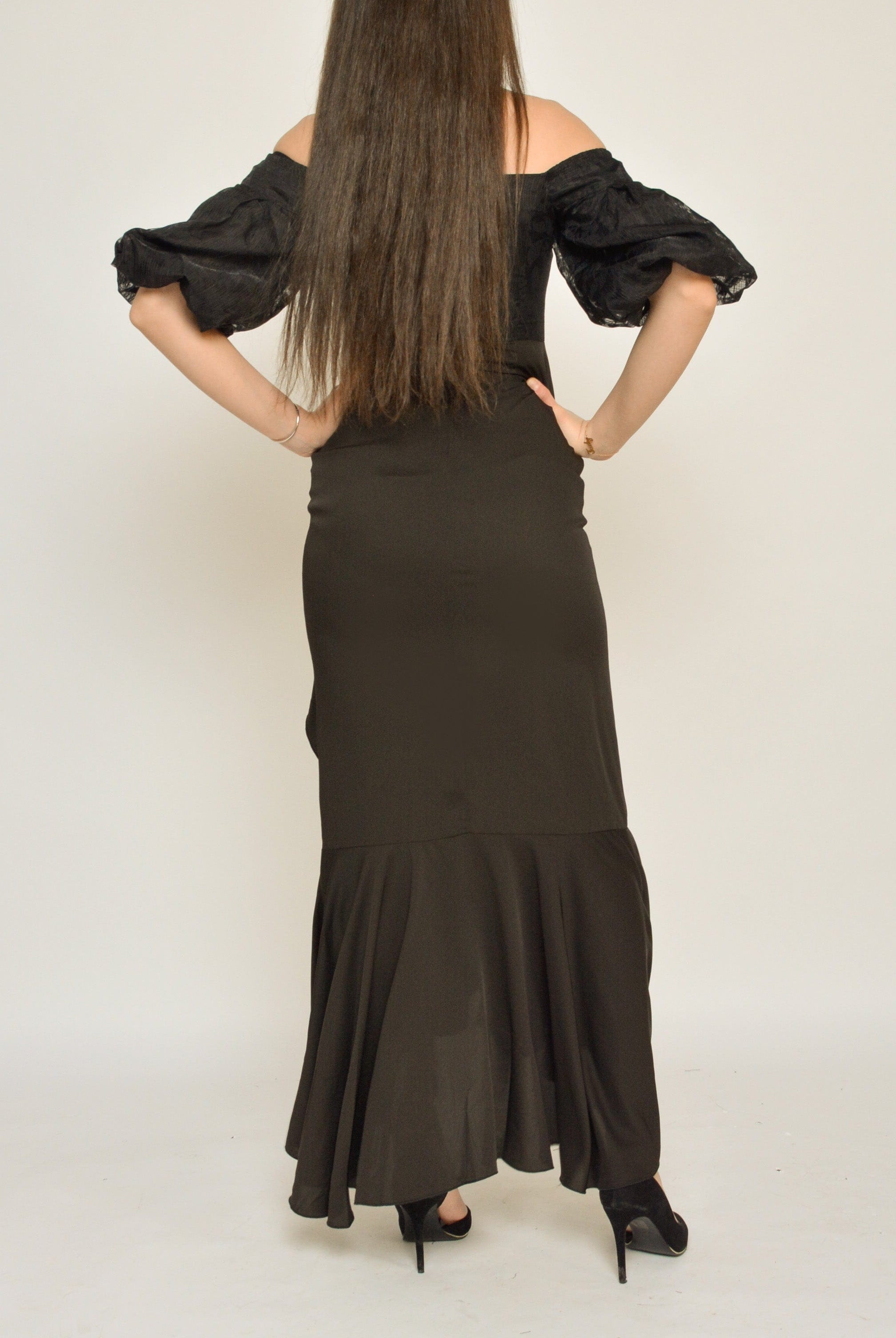 نتشي فستان ماكسي سهرة سادة اوف شولدر 3/4 كم أسود