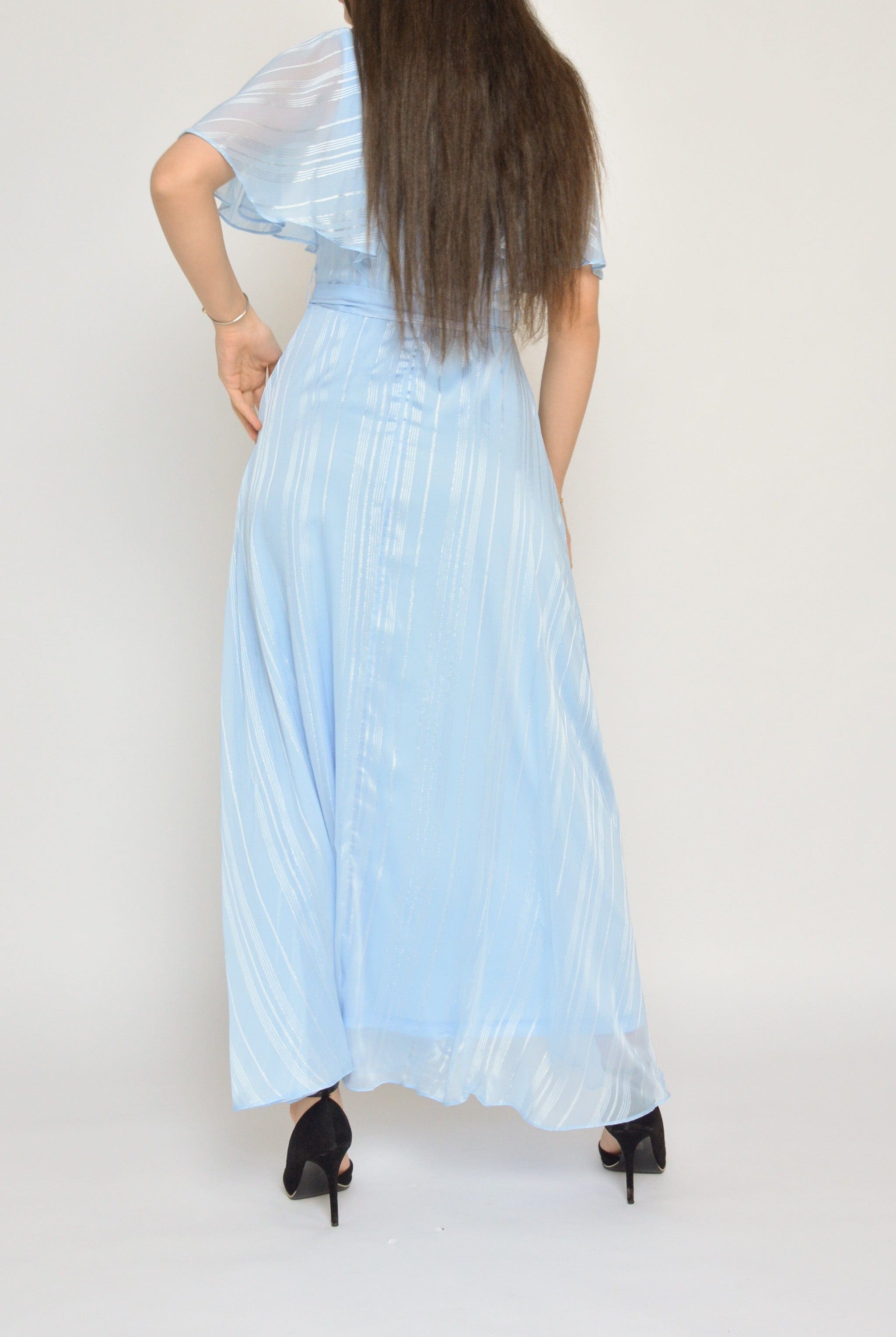 ميكا فستان طويل شيفون جاكار بحزام كم قصير فراشة