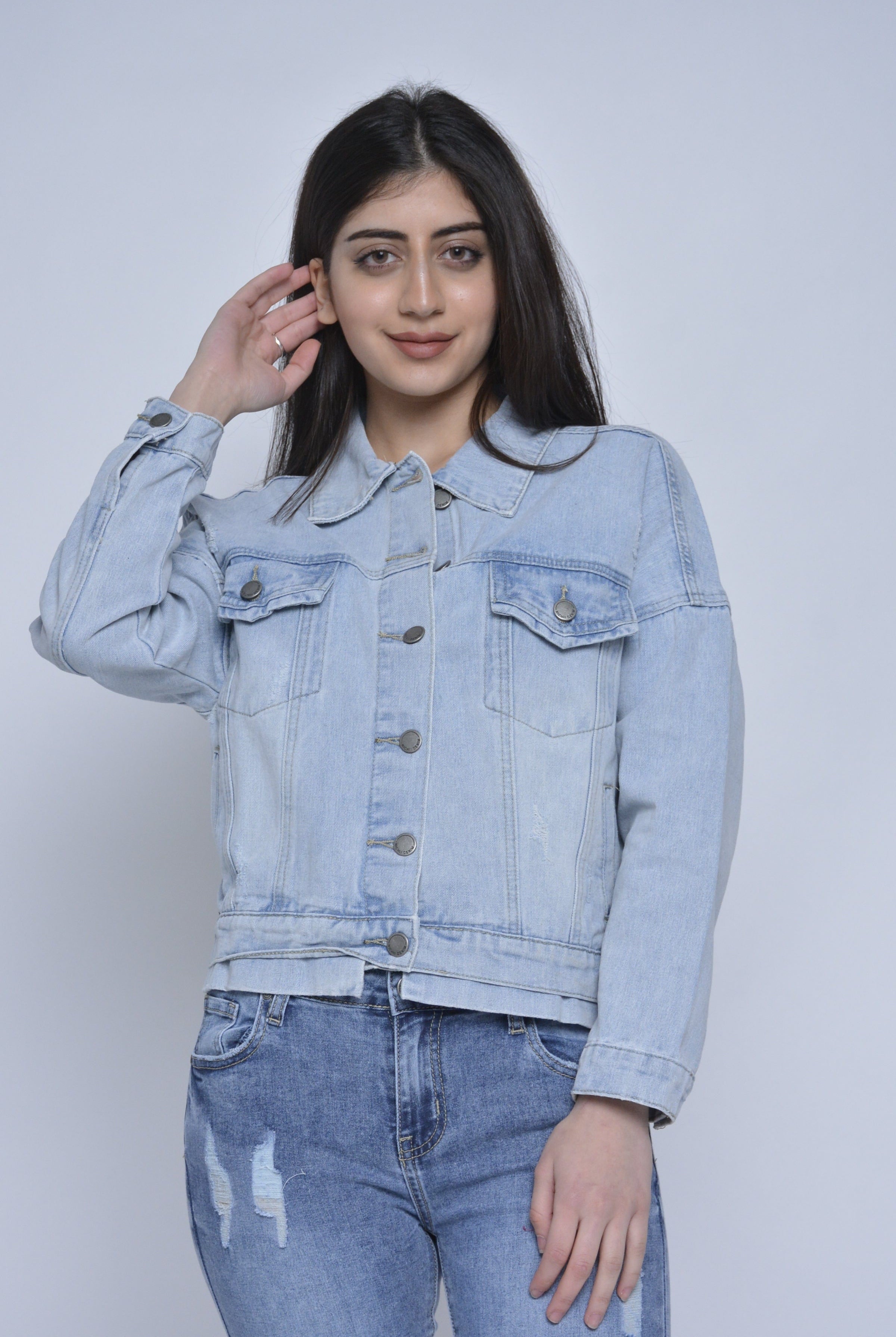 نتشي جاكيت جينز بياقة وأزرار أمامية معدنية كم طويل نسائي