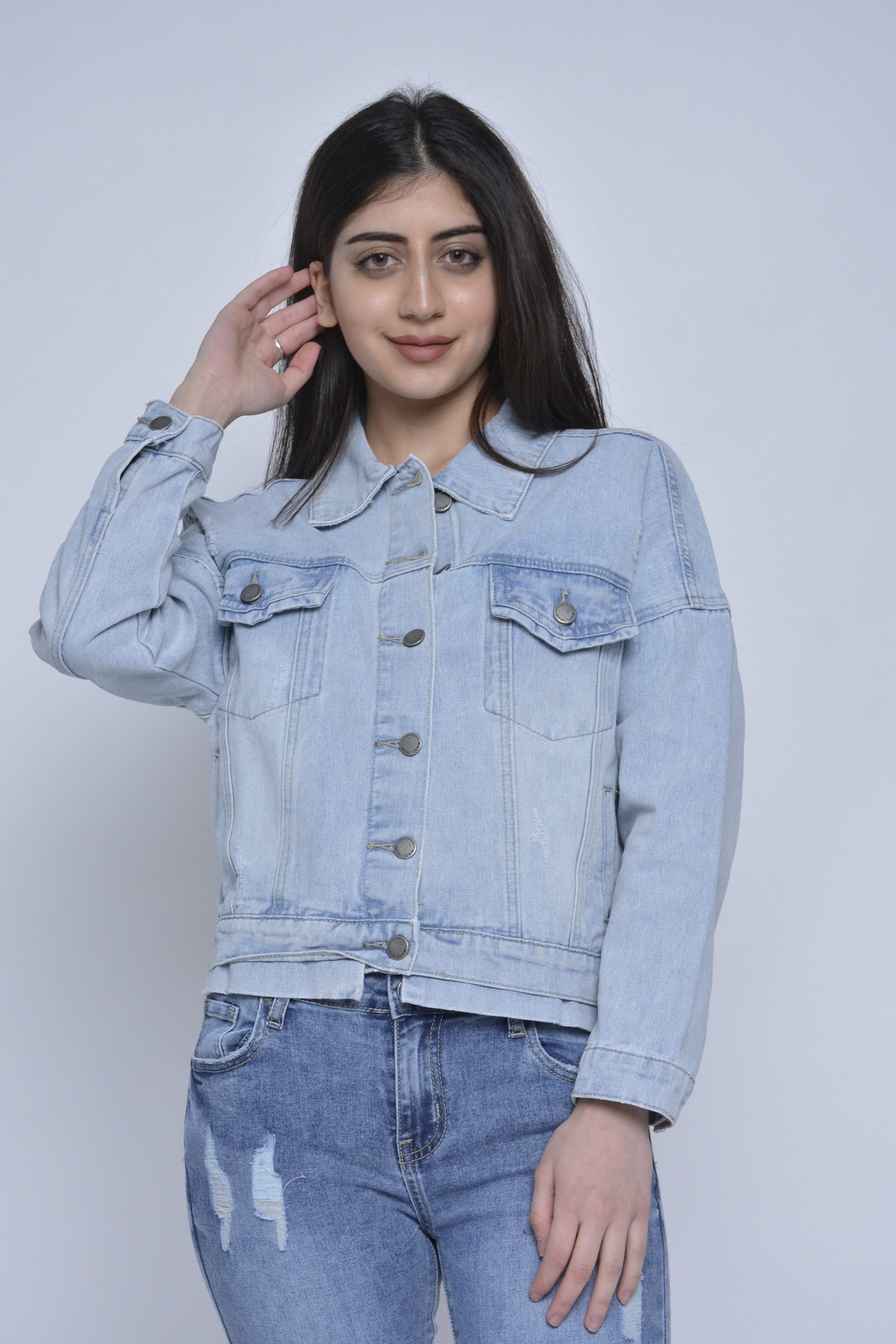 نتشي جاكيت جينز بياقة وأزرار أمامية معدنية كم طويل نسائي