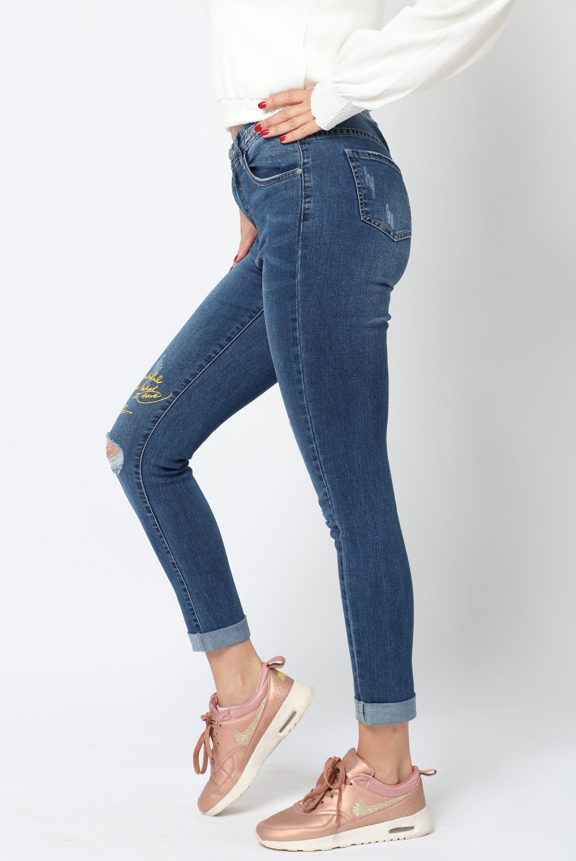 نتشي بنطلون جينز مقطع طويل بجيوب وسحاب نسائي