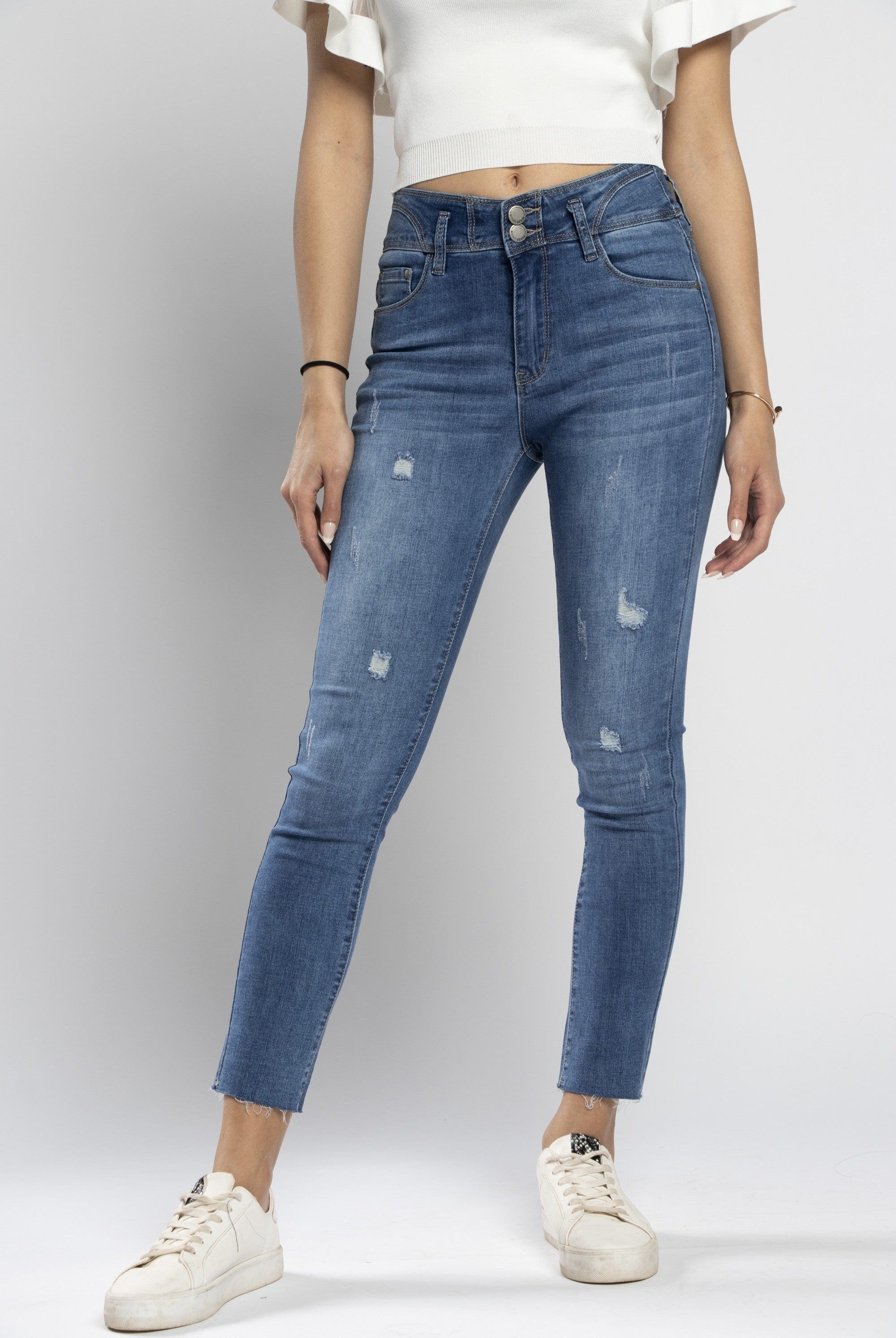 نتشي بنطلون جينز سكيني مصمم مع قطع طويل نسائي