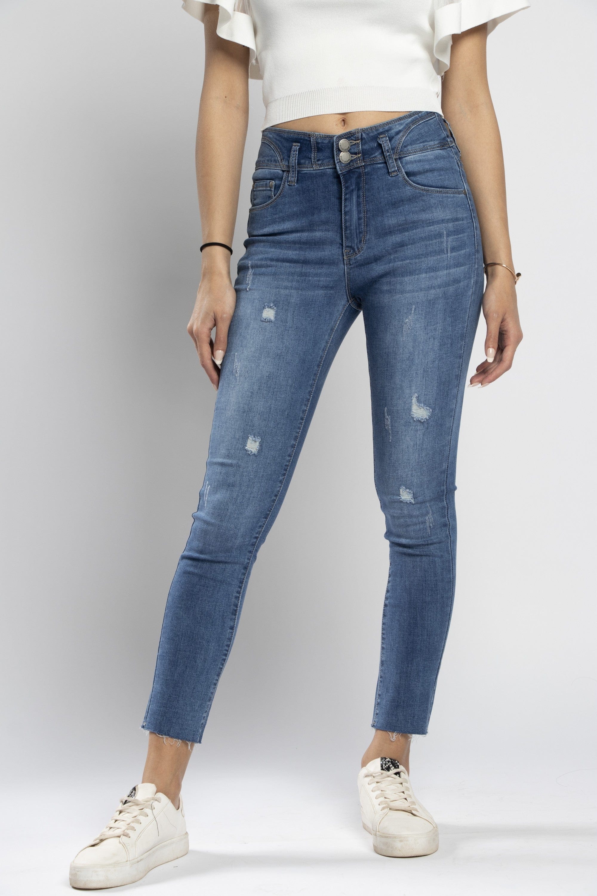 نتشي بنطلون جينز سكيني مصمم مع قطع طويل نسائي