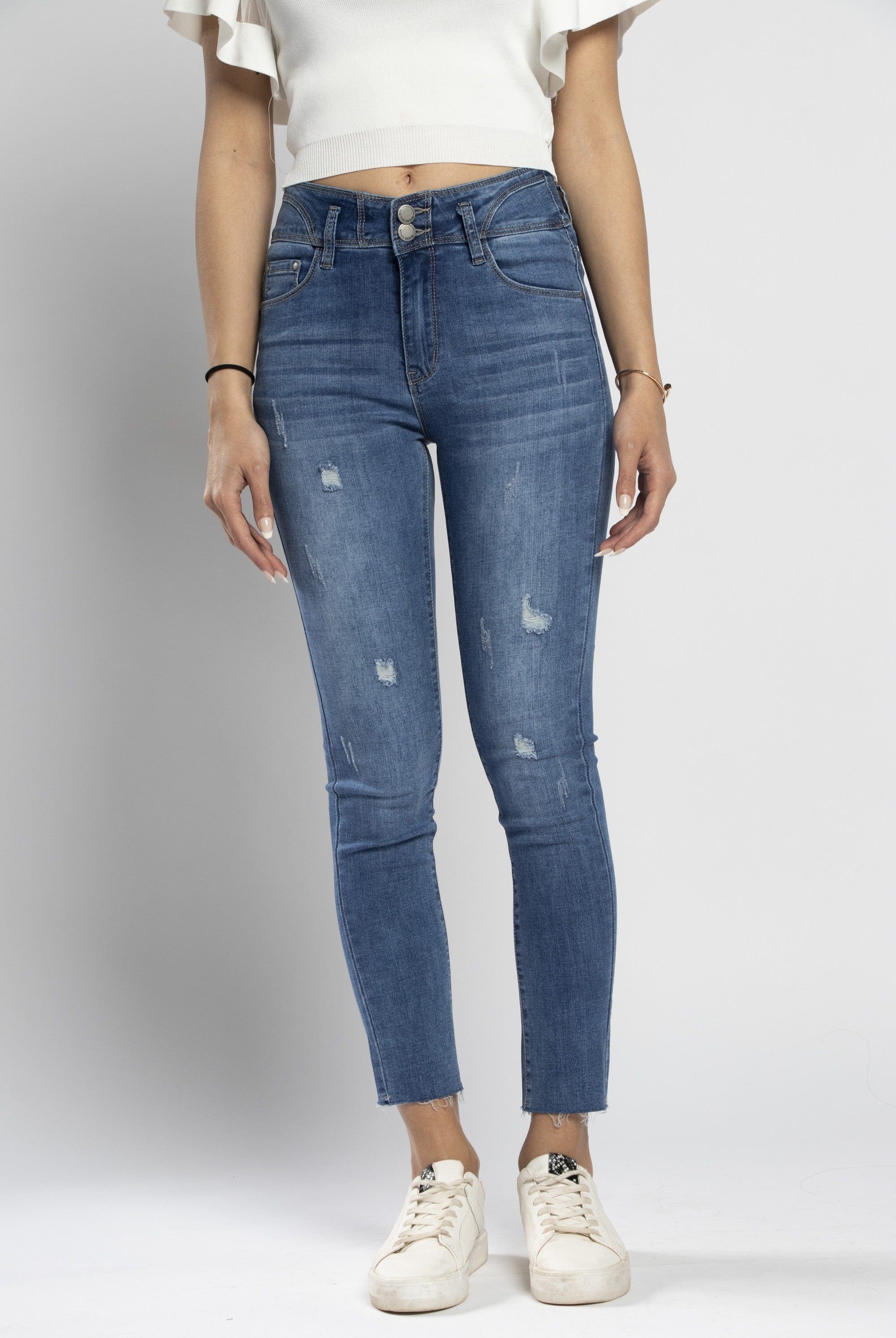 نتشي بنطلون جينز سكيني مصمم مع قطع طويل نسائي