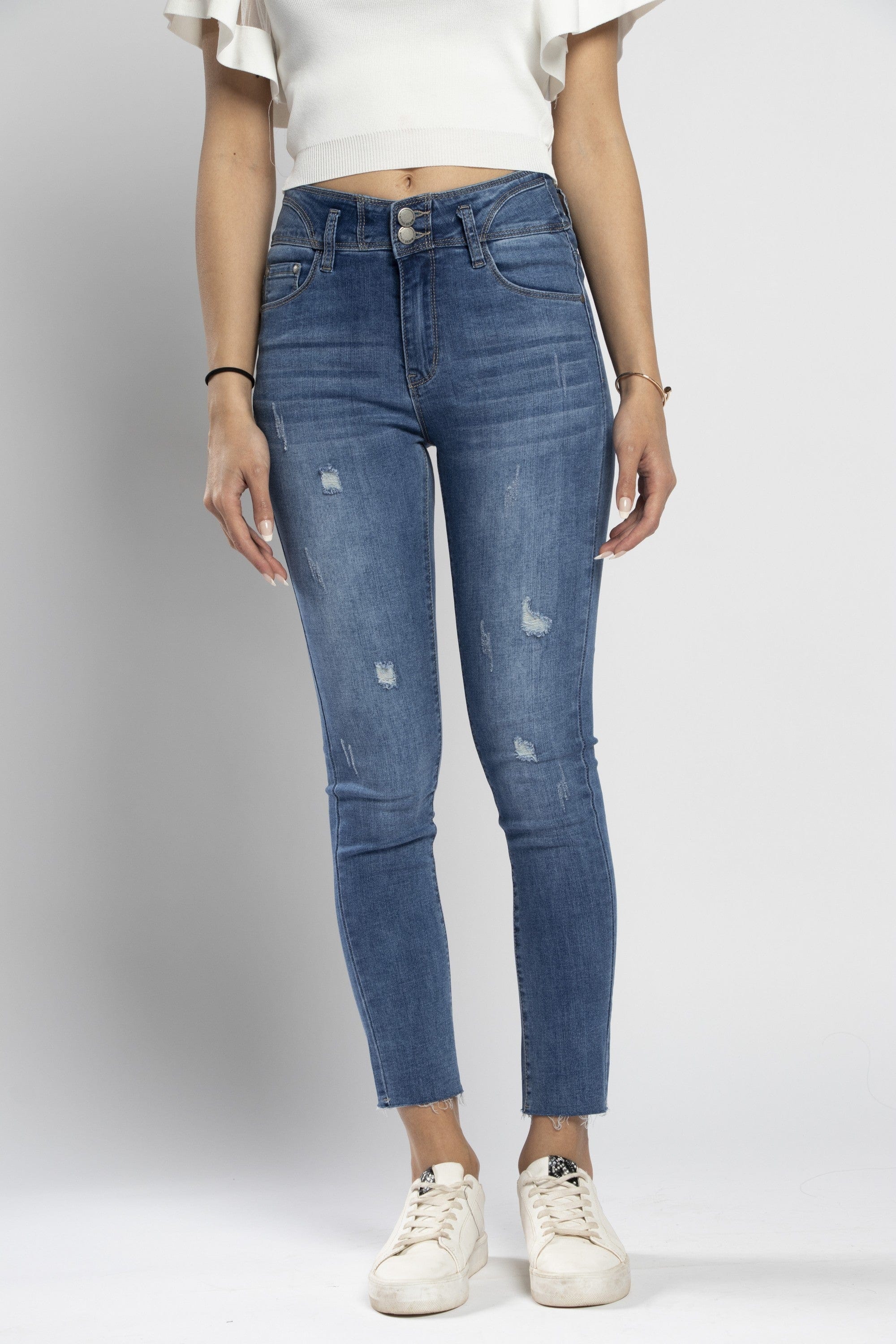 نتشي بنطلون جينز سكيني مصمم مع قطع طويل نسائي