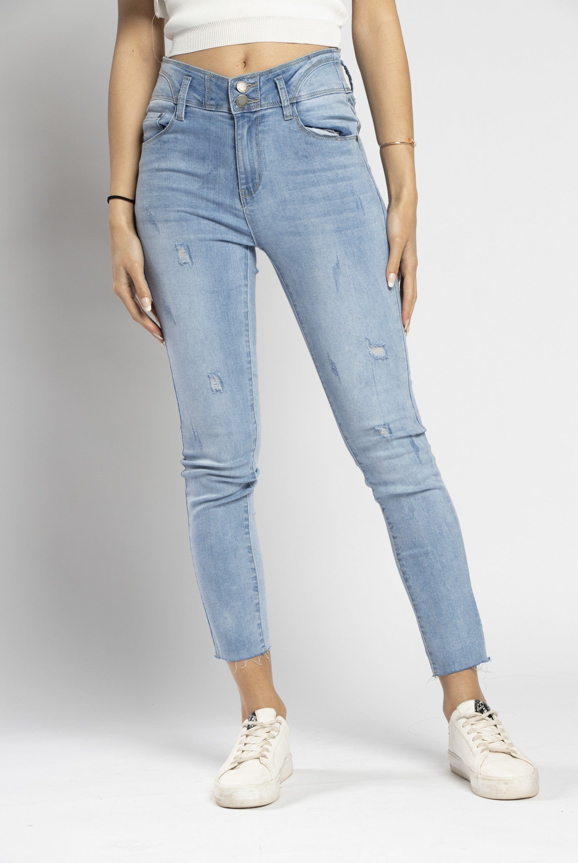 نتشي بنطلون جينز سكيني مصمم مع قطع طويل نسائي