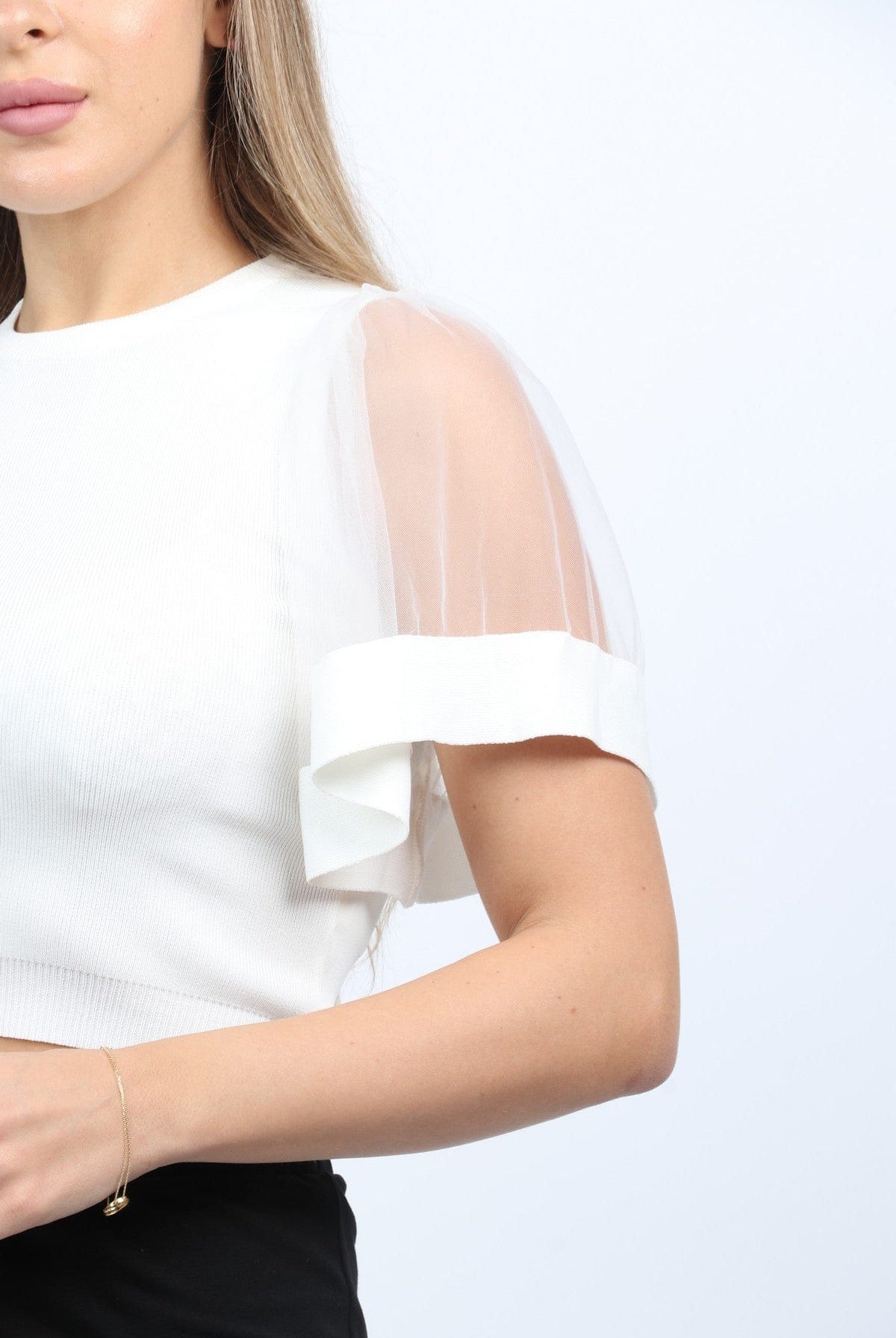 نتشي بلوزة نص بطن سادة بأكمام شيفون شفافة واسعة نسائي