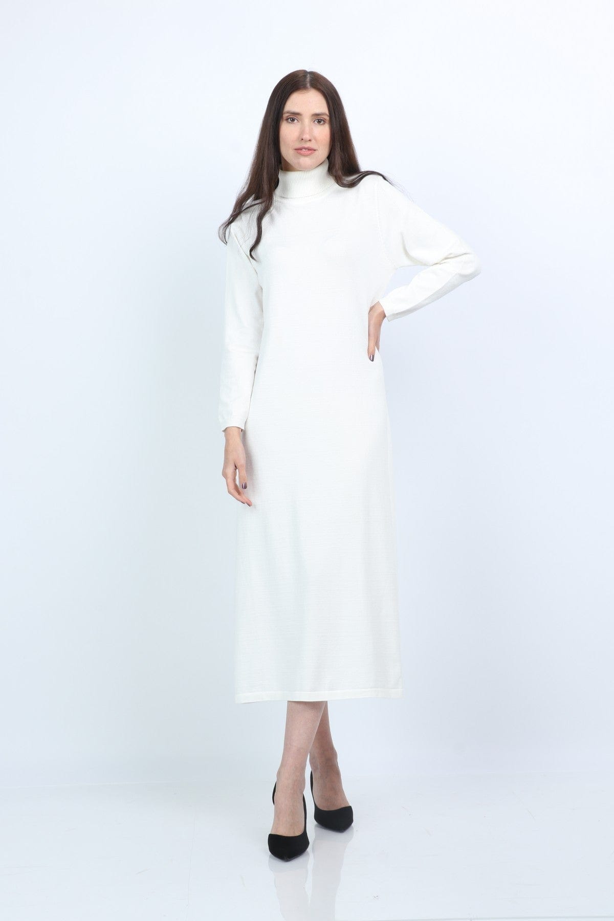 نتشي فستان ميدي صوف شتوي بأكمام طويلة