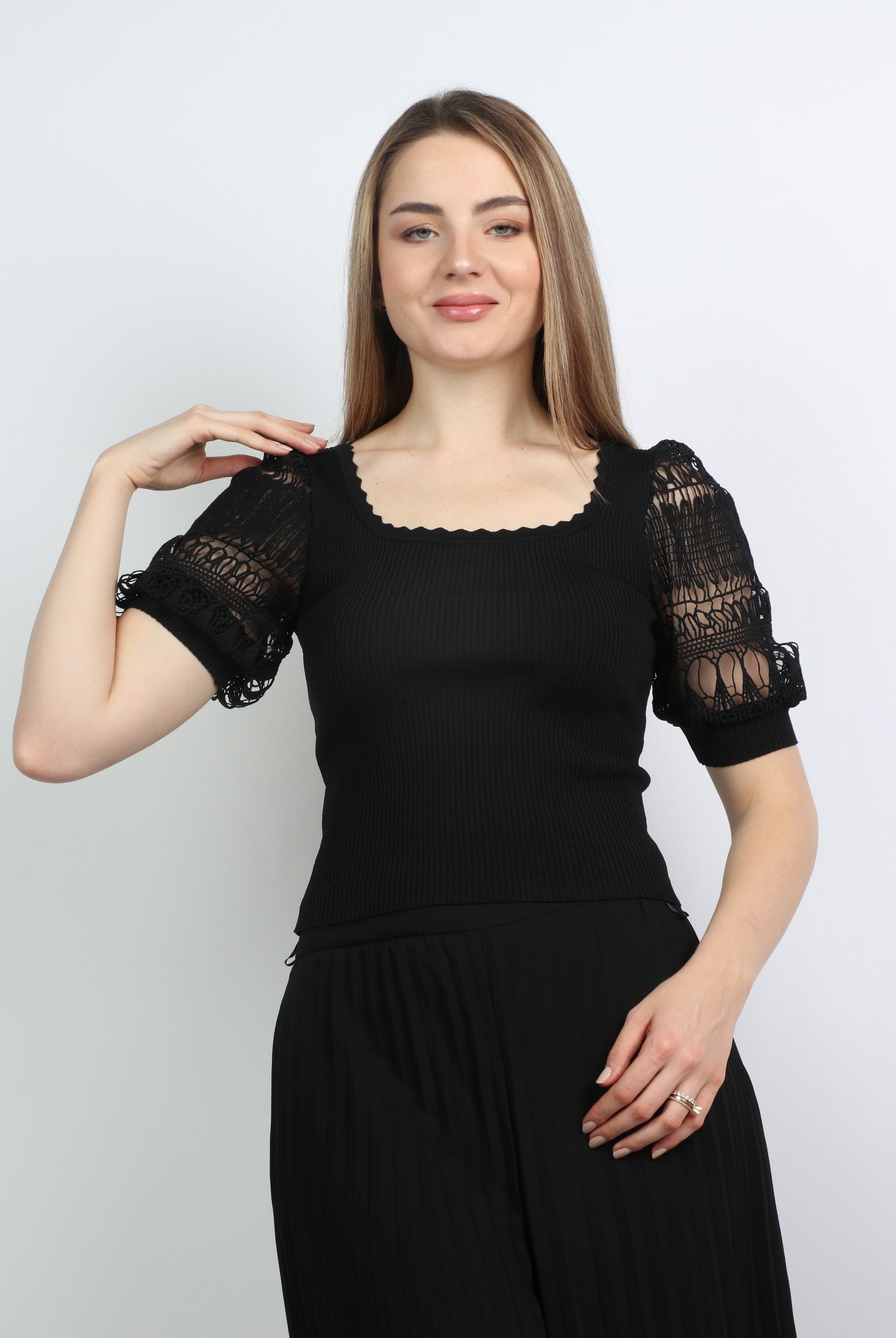 نتشي بلوزة سادة بأكمام دانتيل ياقة مربعة نسائي