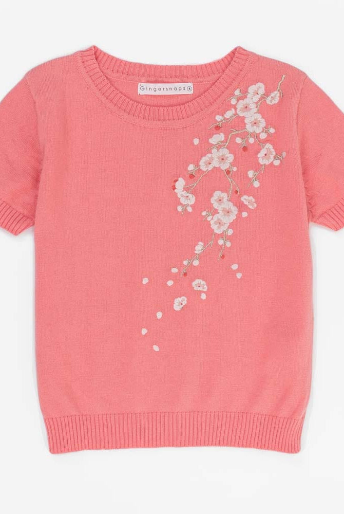 جينجرسنابس بلوزة صوف مطرزة نص كم بناتي وردي صدفي