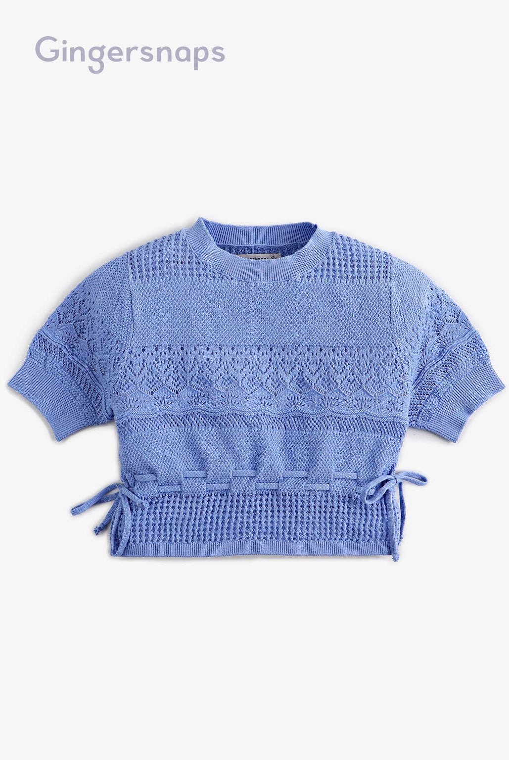 جينجرسنابس بلوزة صوف بناتي كروشية مخرمة برباط من الأسفل أزرق