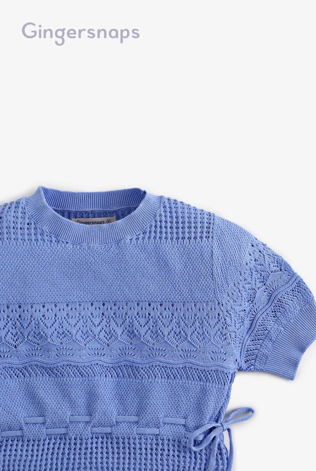جينجرسنابس بلوزة صوف بناتي كروشية مخرمة برباط من الأسفل أزرق