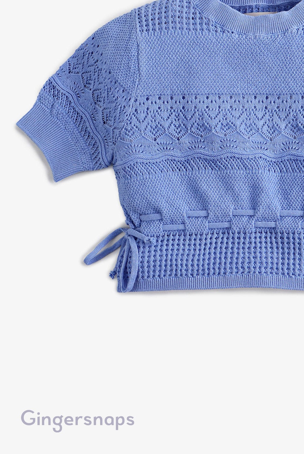 جينجرسنابس بلوزة صوف بناتي كروشية مخرمة برباط من الأسفل أزرق