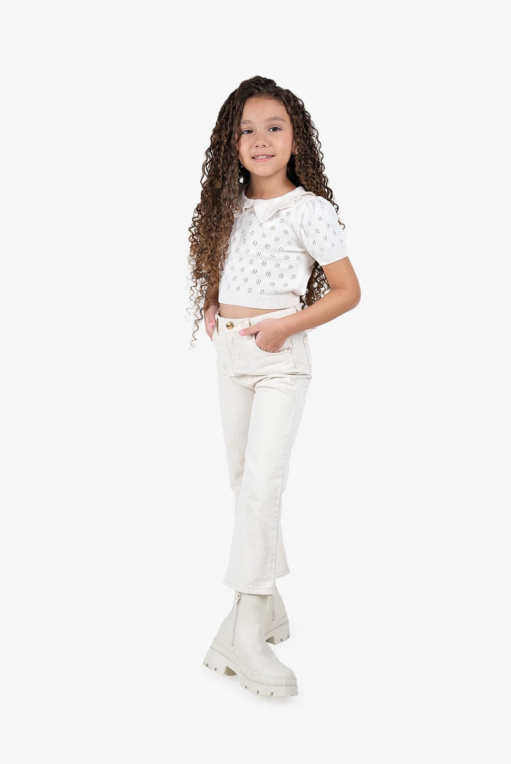 جينجرسنابس بلوزة بناتي منقوشة نص بطن نص كم بف أبيض