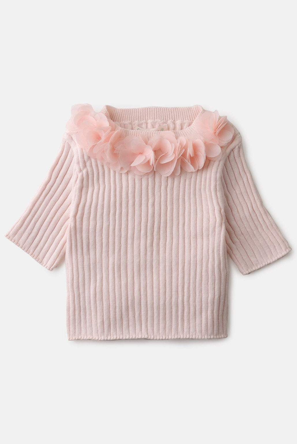 جينجرسنابس بلوزة بناتي مضلعة كم طويل بورود على الياقة وردي