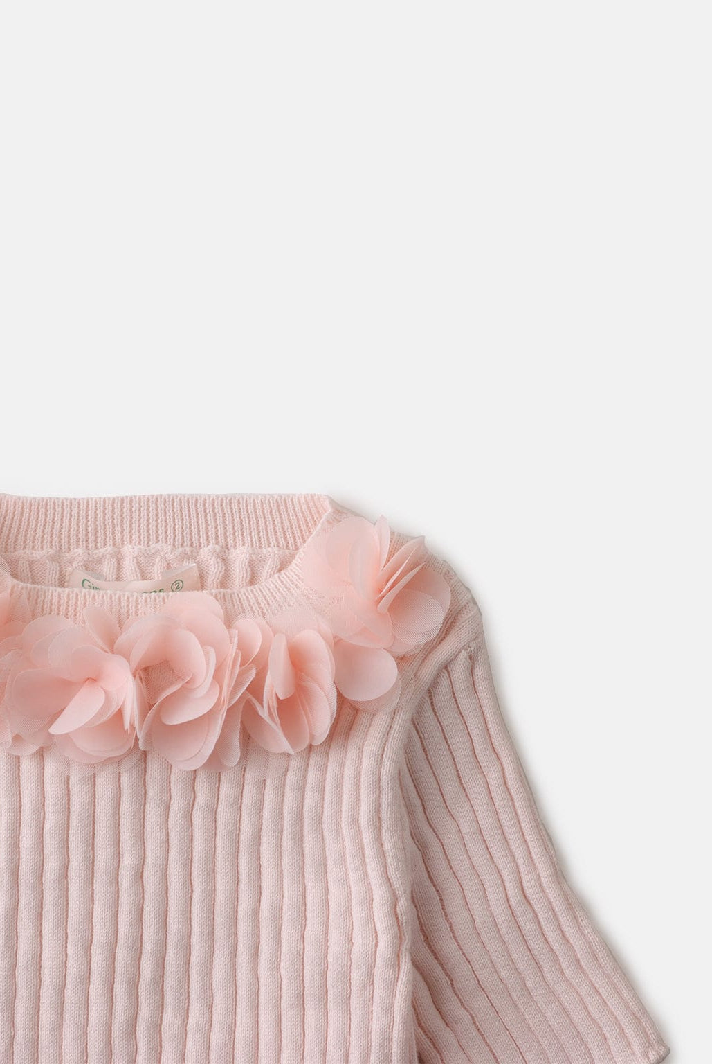 جينجرسنابس بلوزة بناتي مضلعة كم طويل بورود على الياقة وردي