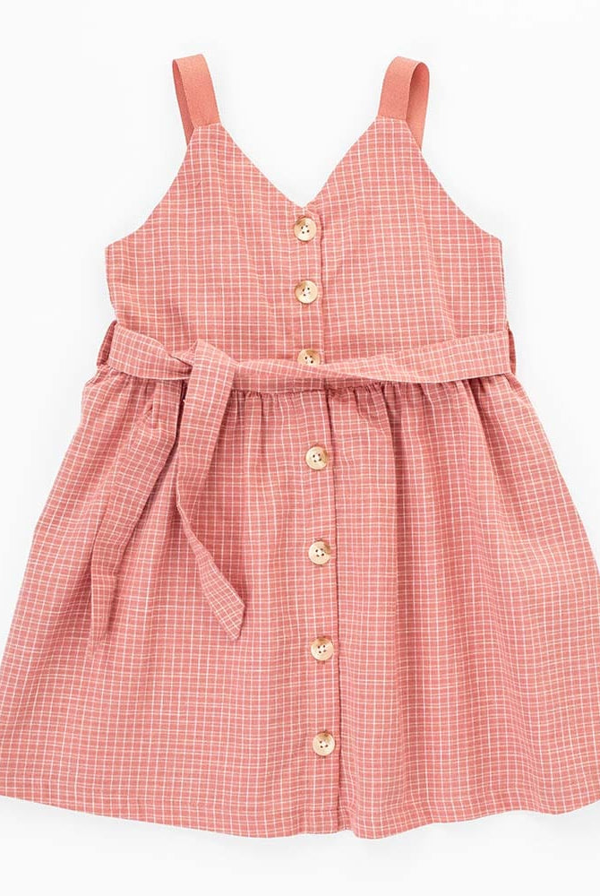 جينجرسنابس فستان بناتي مربعات بأزرار أمامية حمالات برباط وردي