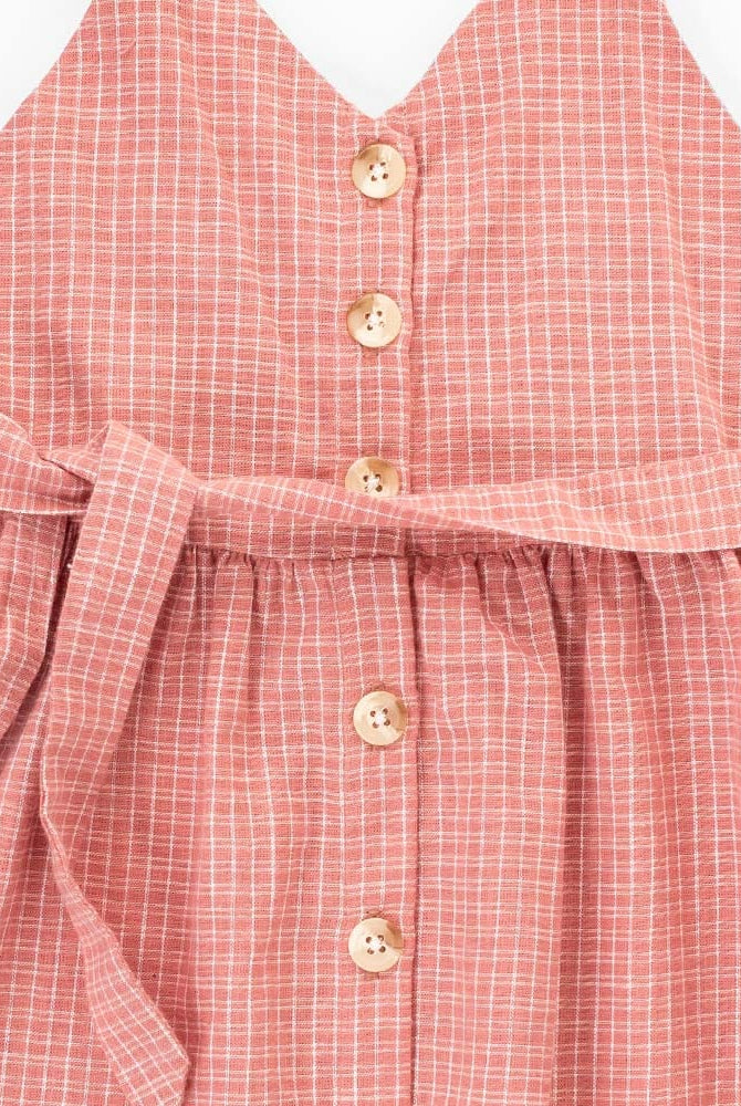 جينجرسنابس فستان بناتي مربعات بأزرار أمامية حمالات برباط وردي