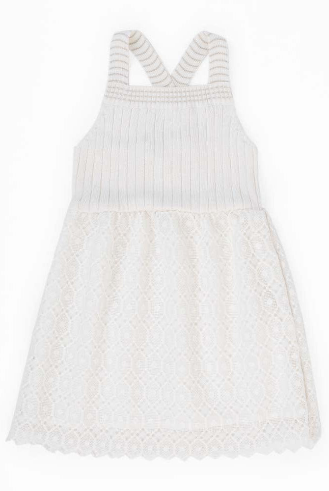 جينجرسنابس فستان بناتي مضلعة سادة حمالات دانتيل أوف وايت