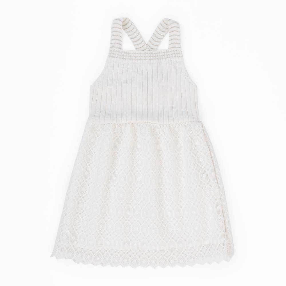 جينجرسنابس فستان بناتي مضلعة سادة حمالات دانتيل أوف وايت