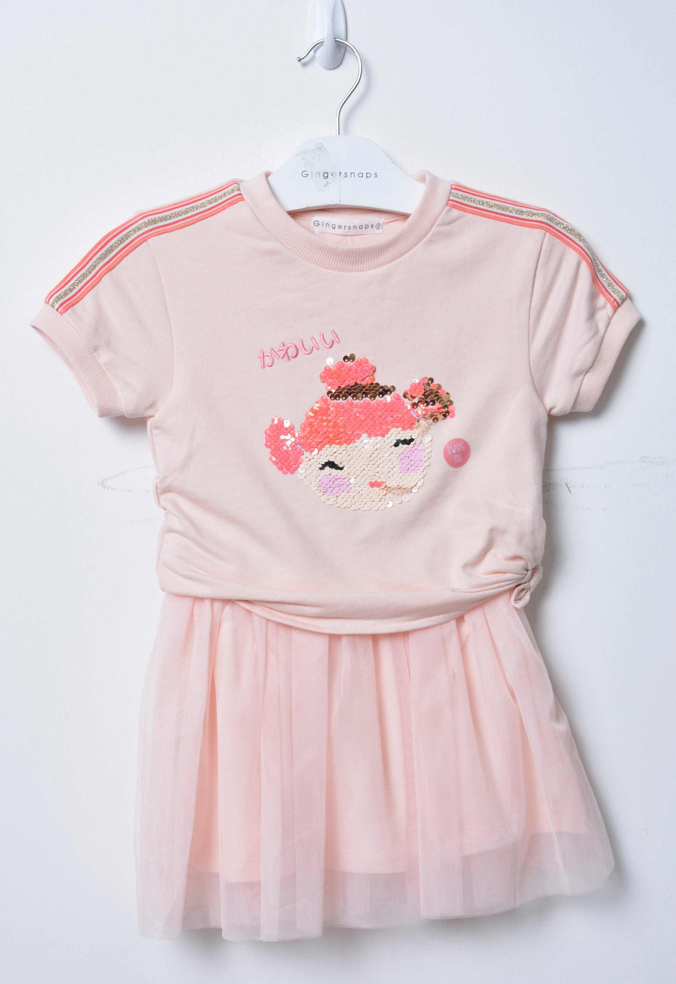 جينجرسنابس فستان بناتي بطبعة لامعة نص كم وردي شاحب