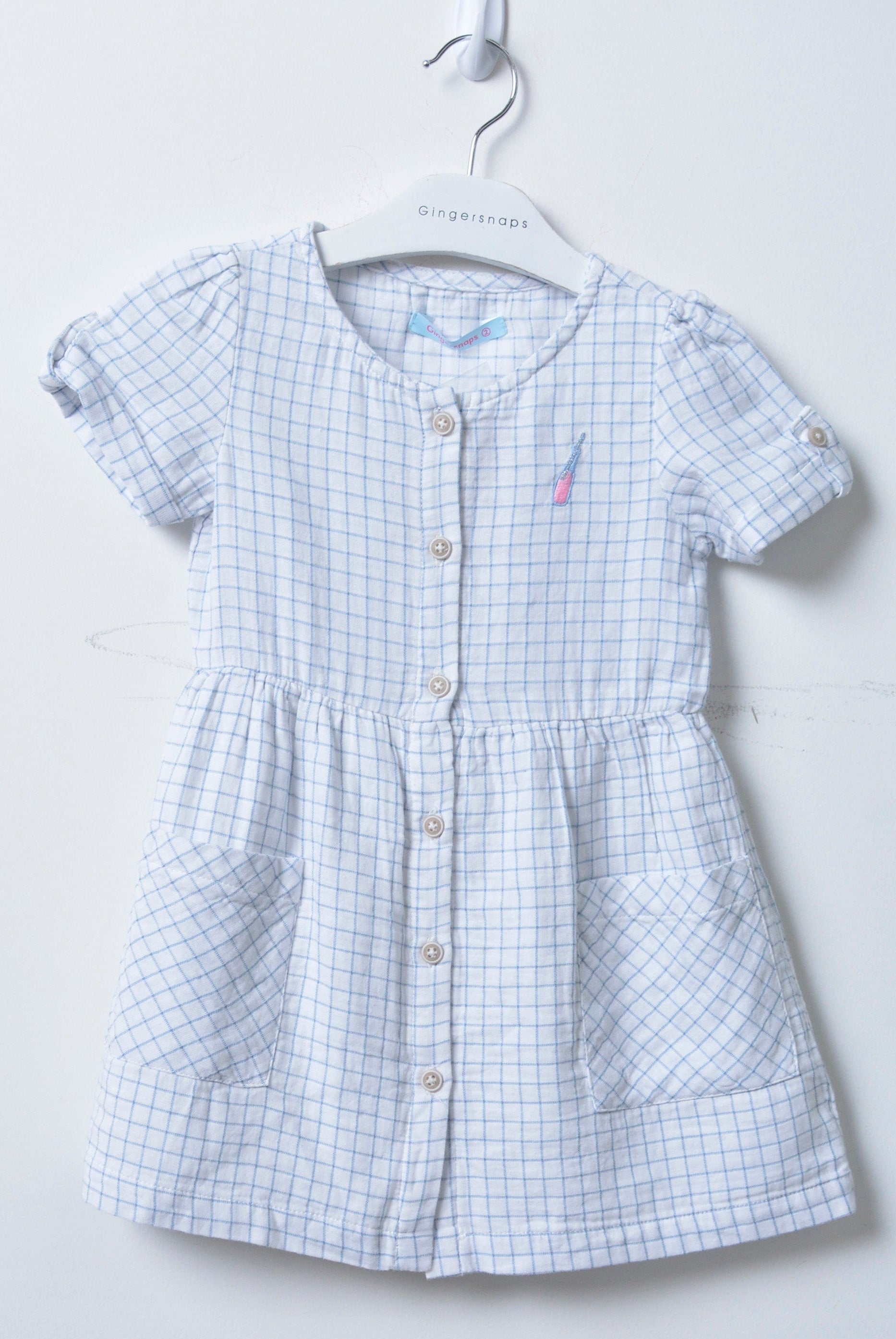 جينجرسنابس فستان بناتي بنقشة مربعات نص كم أزرق/سط