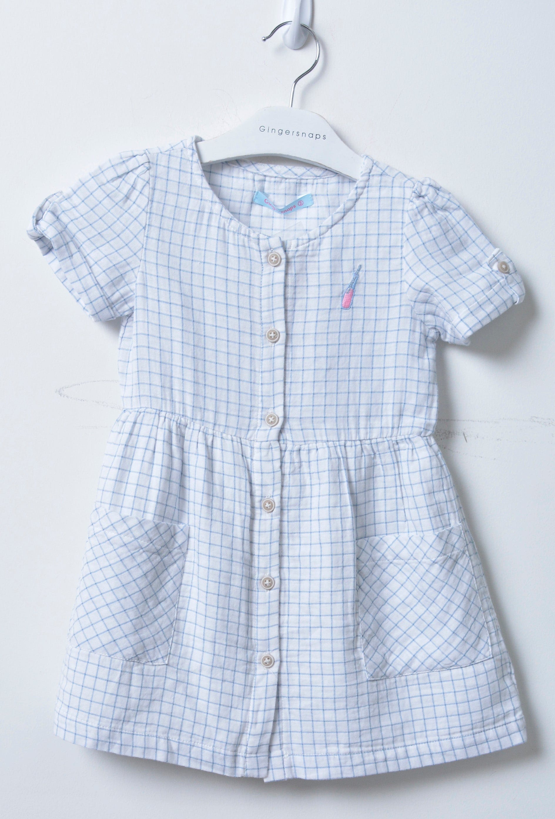 جينجرسنابس فستان بناتي بنقشة مربعات نص كم أزرق/سط