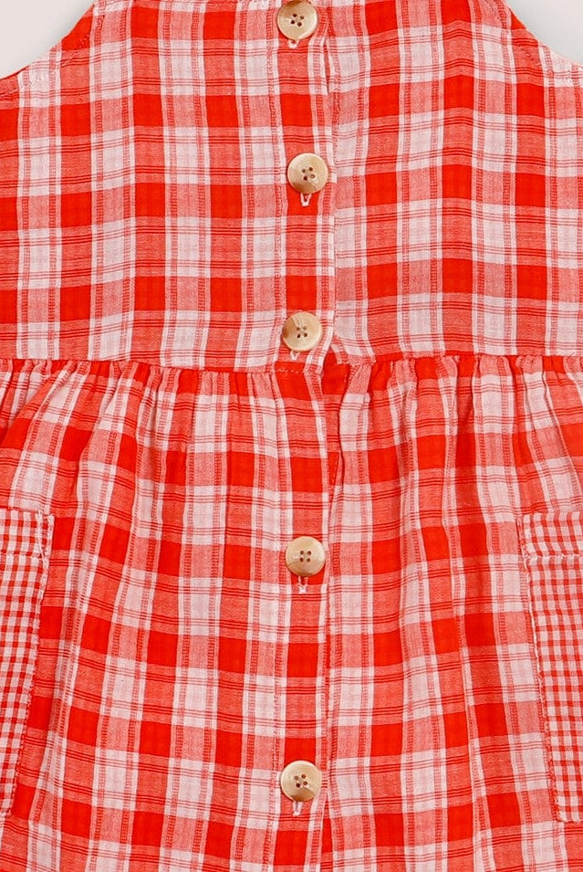 جينجرسنابس فستان كروهات حمالات بأزرار أمامية وجيوب بناتي أحمر